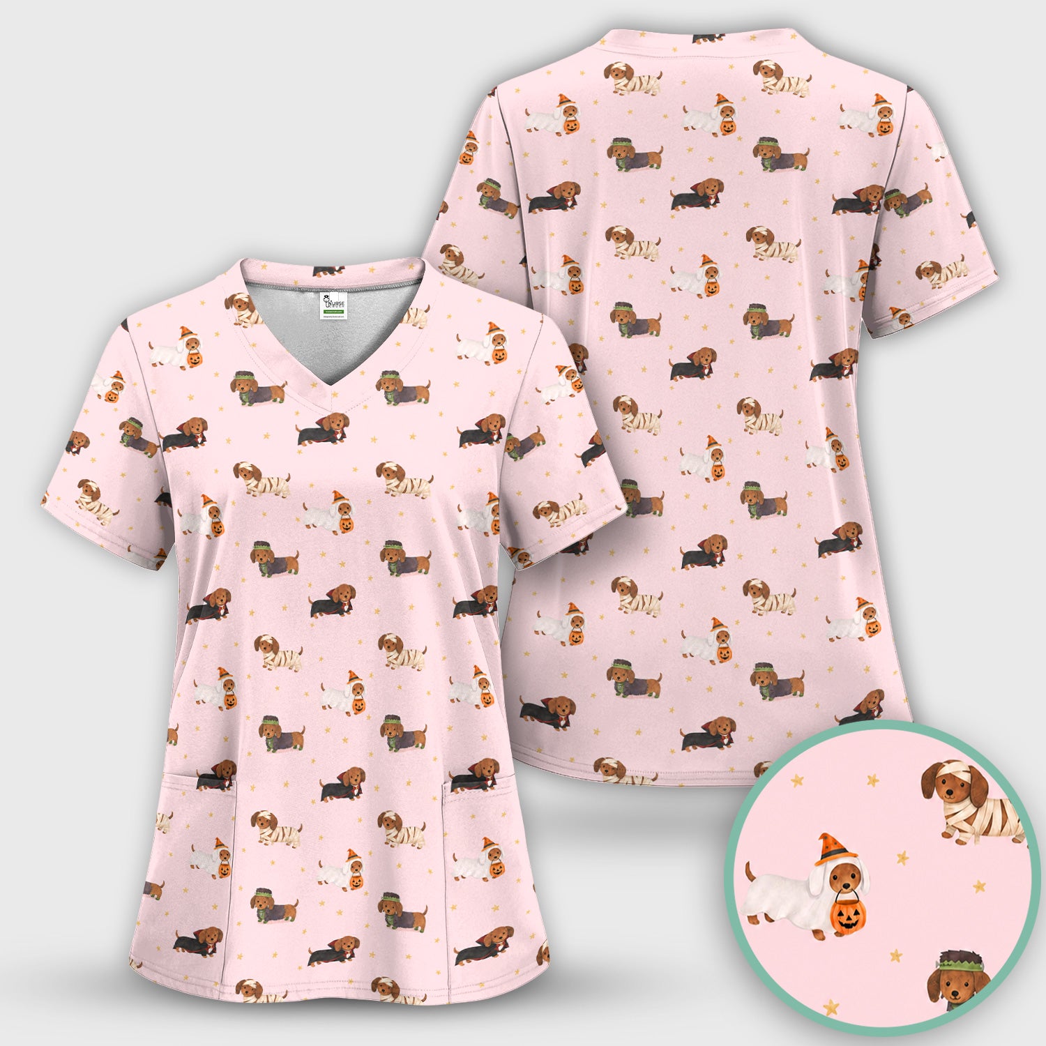 Halloween Mummy Dachshund Scrub Top, Comfortable Scrubs for Nurses