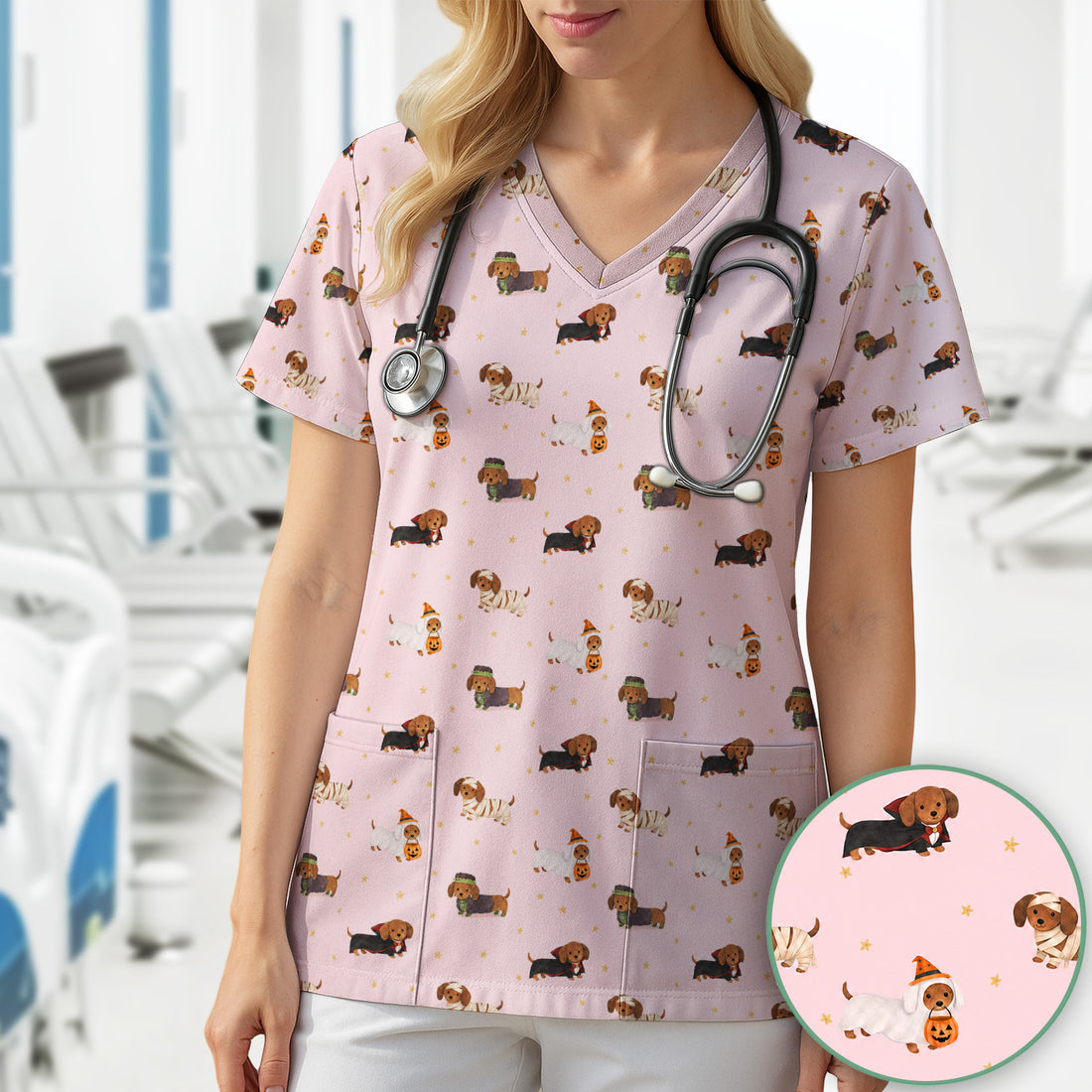 Halloween Mummy Dachshund Scrub Top, Comfortable Scrubs for Nurses