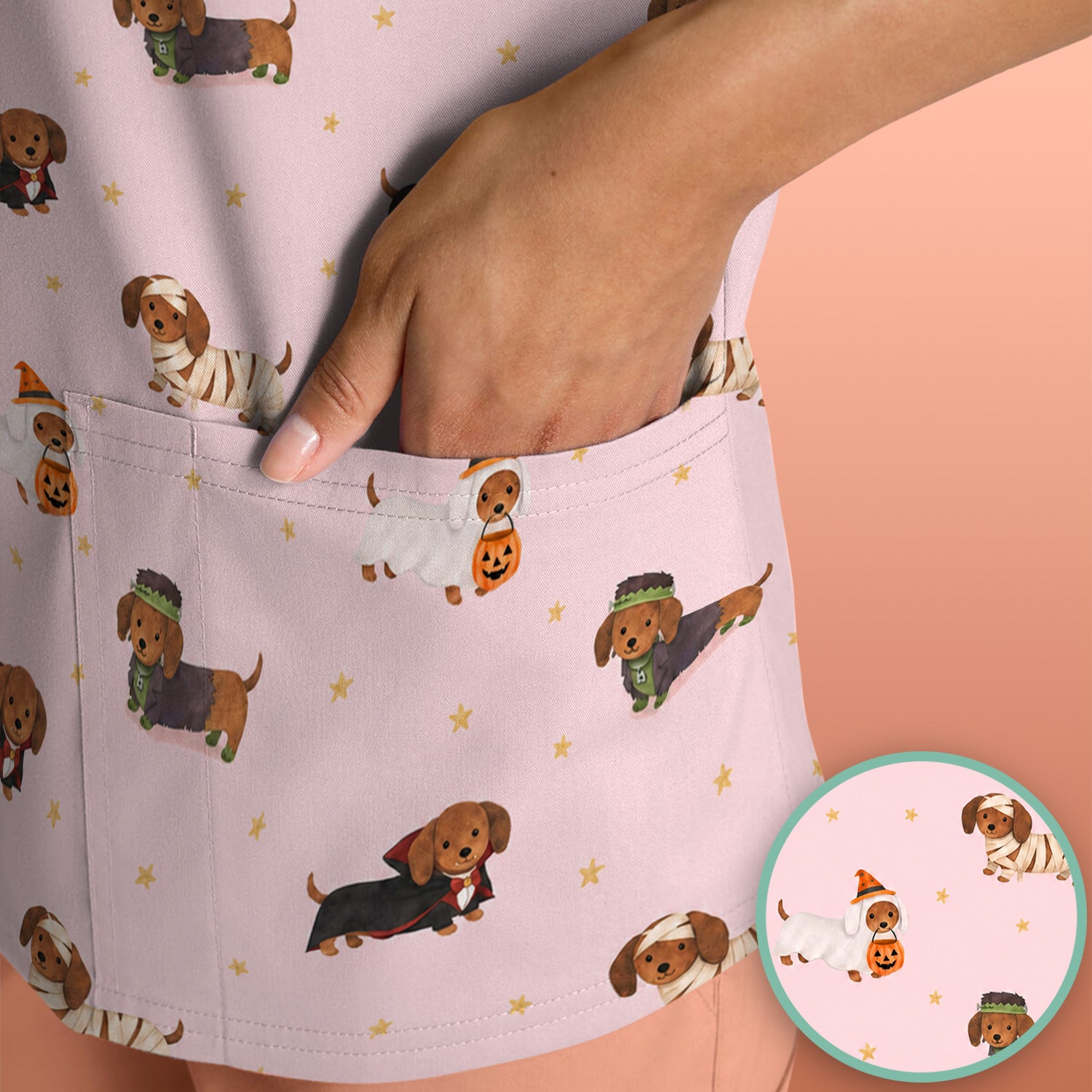 Halloween Mummy Dachshund Scrub Top, Comfortable Scrubs for Nurses