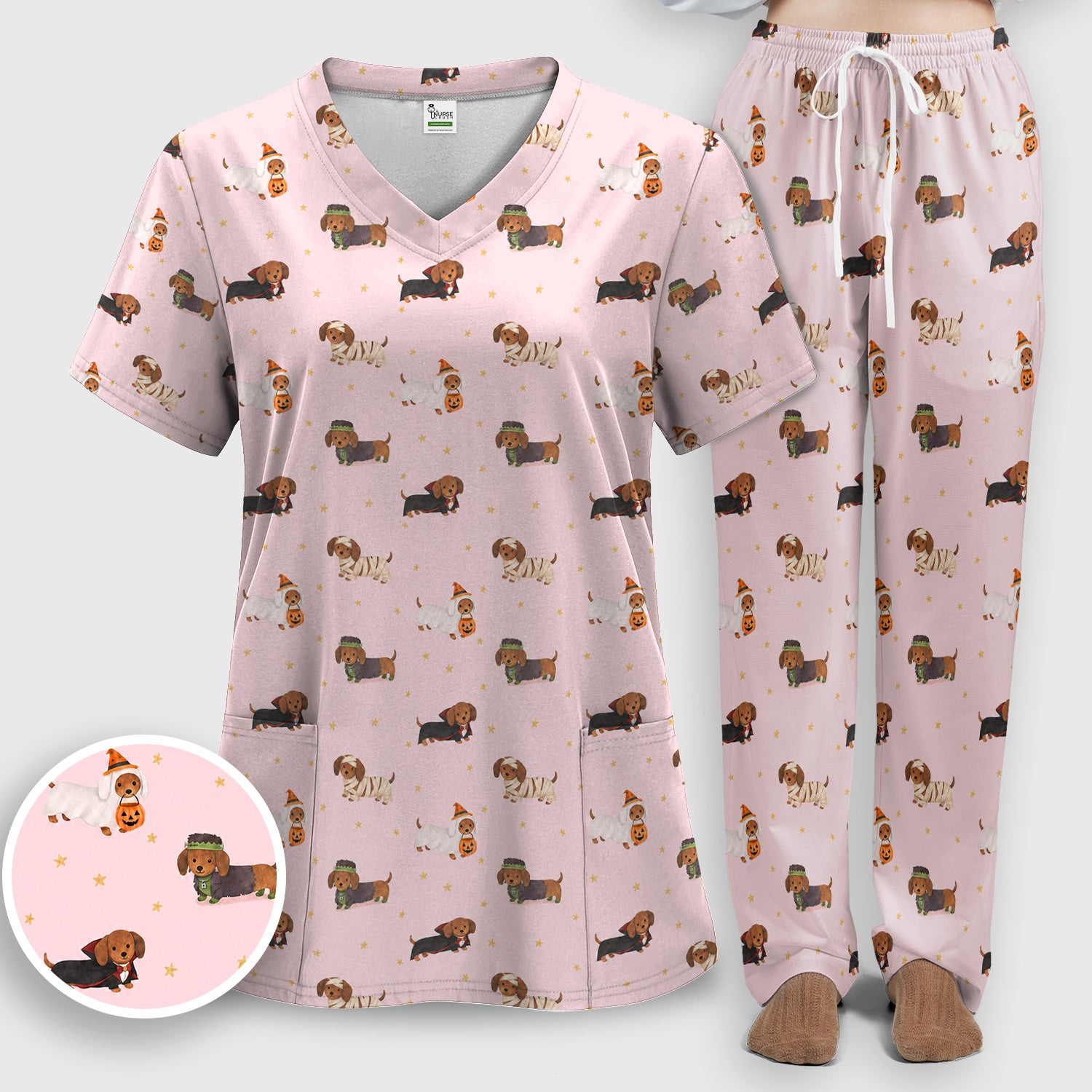 Halloween Mummy Dachshund Scrub Set, Scrub Pants and V Neck Top