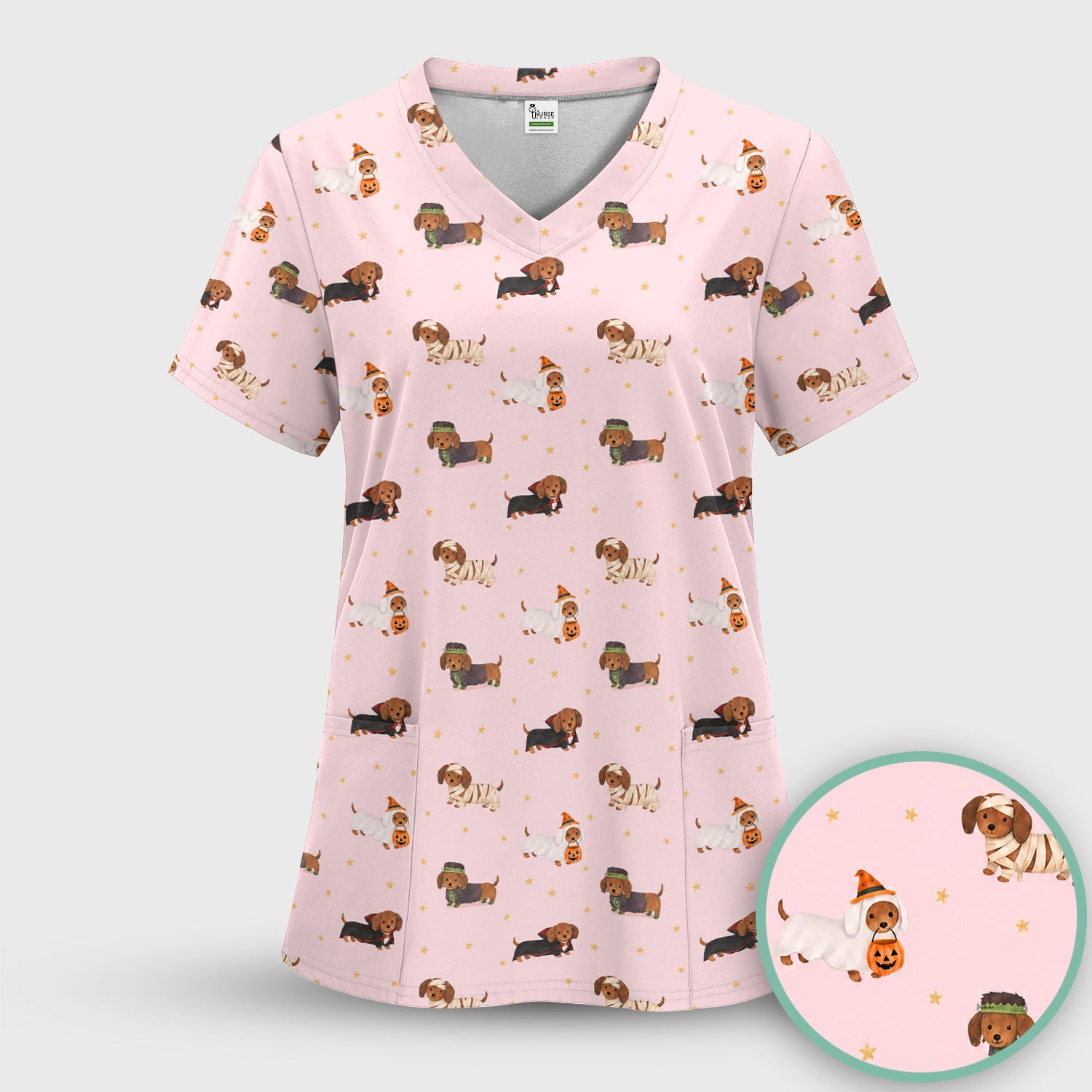 Halloween Mummy Dachshund Scrub Top, Comfortable Scrubs for Nurses