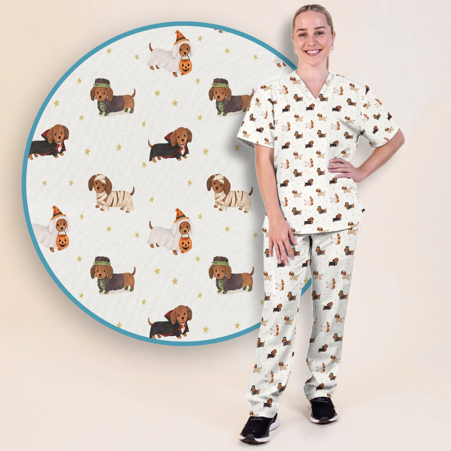 Halloween Mummy Dachshund Scrub Set, Scrub Pants and V Neck Top