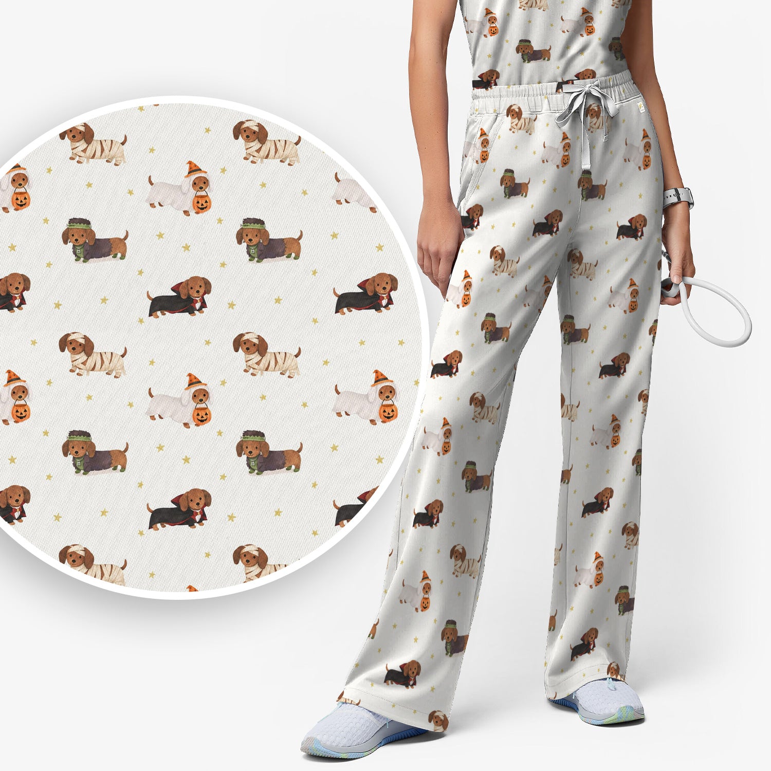 Halloween Mummy Dachshund Scrub Set, Scrub Pants and V Neck Top