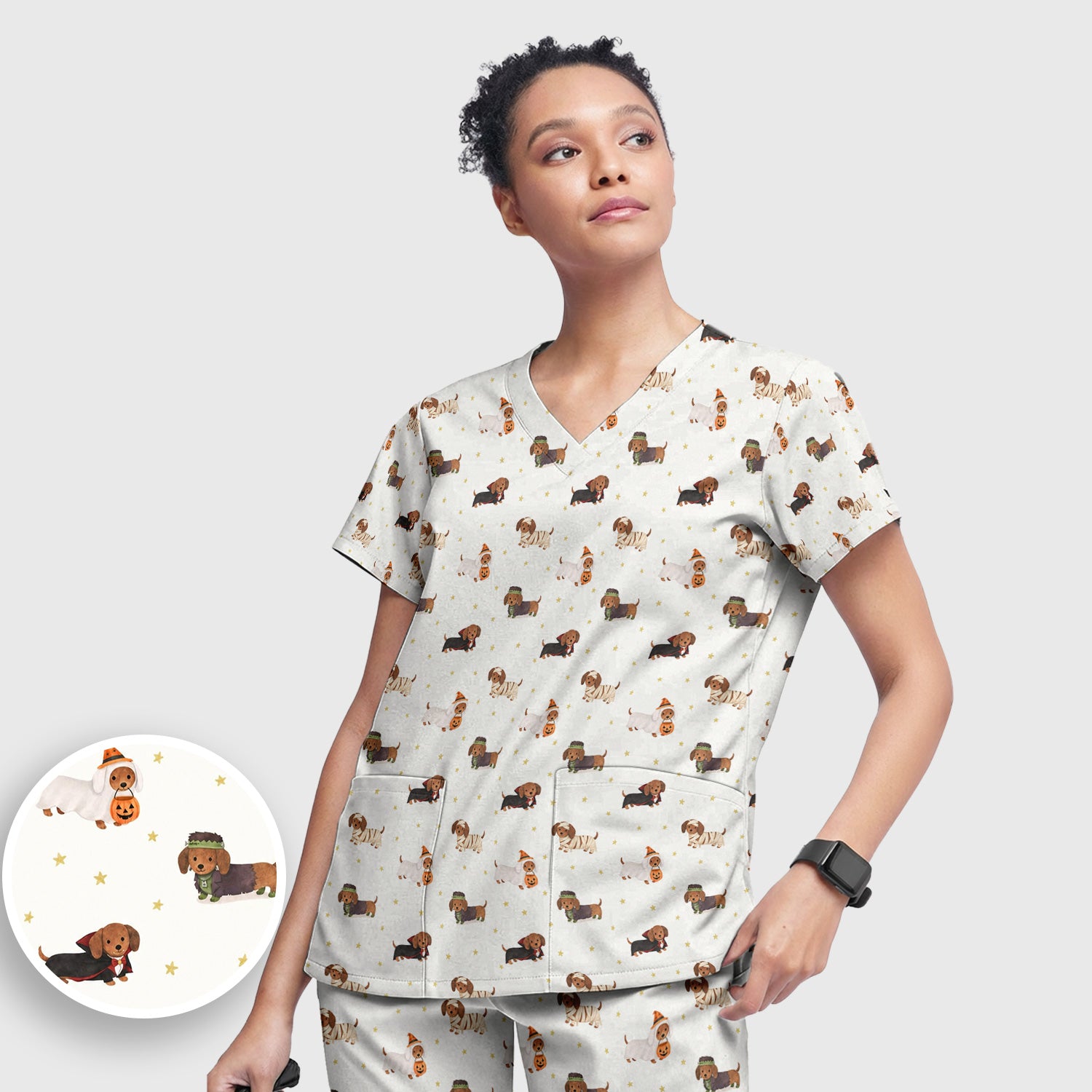 Halloween Mummy Dachshund Scrub Set, Scrub Pants and V Neck Top