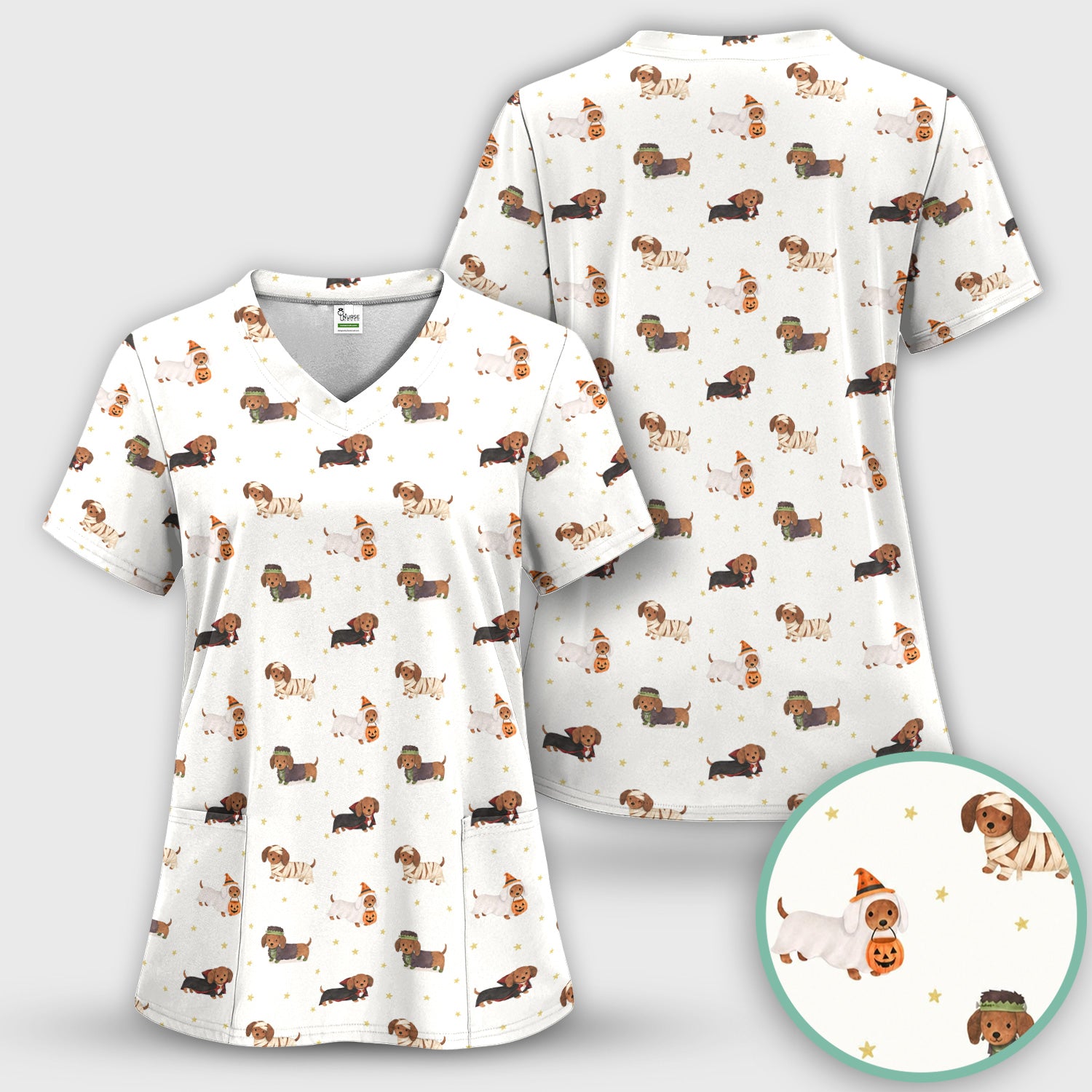 Halloween Mummy Dachshund Scrub Top, Comfortable Scrubs for Nurses