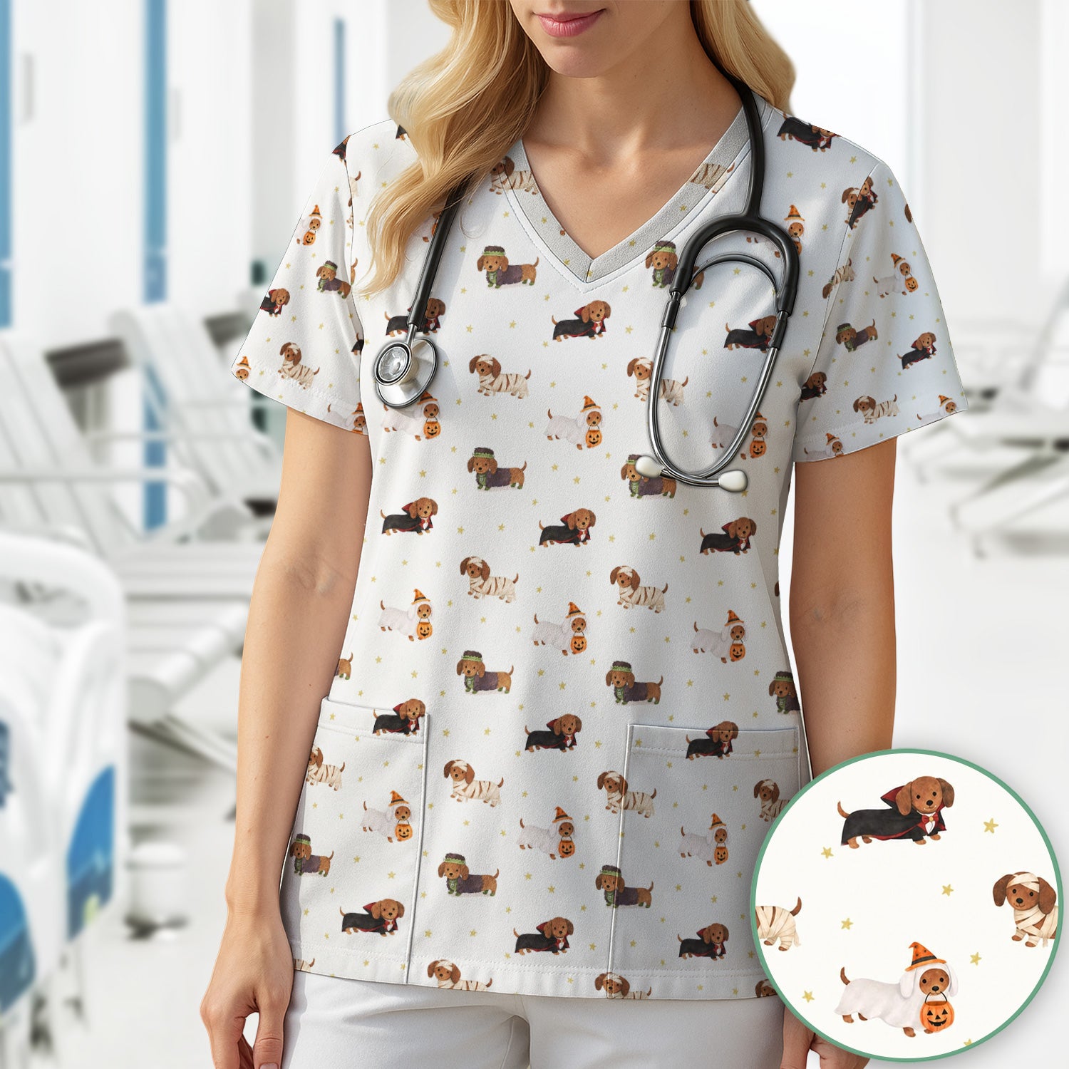Halloween Mummy Dachshund Scrub Top, Comfortable Scrubs for Nurses