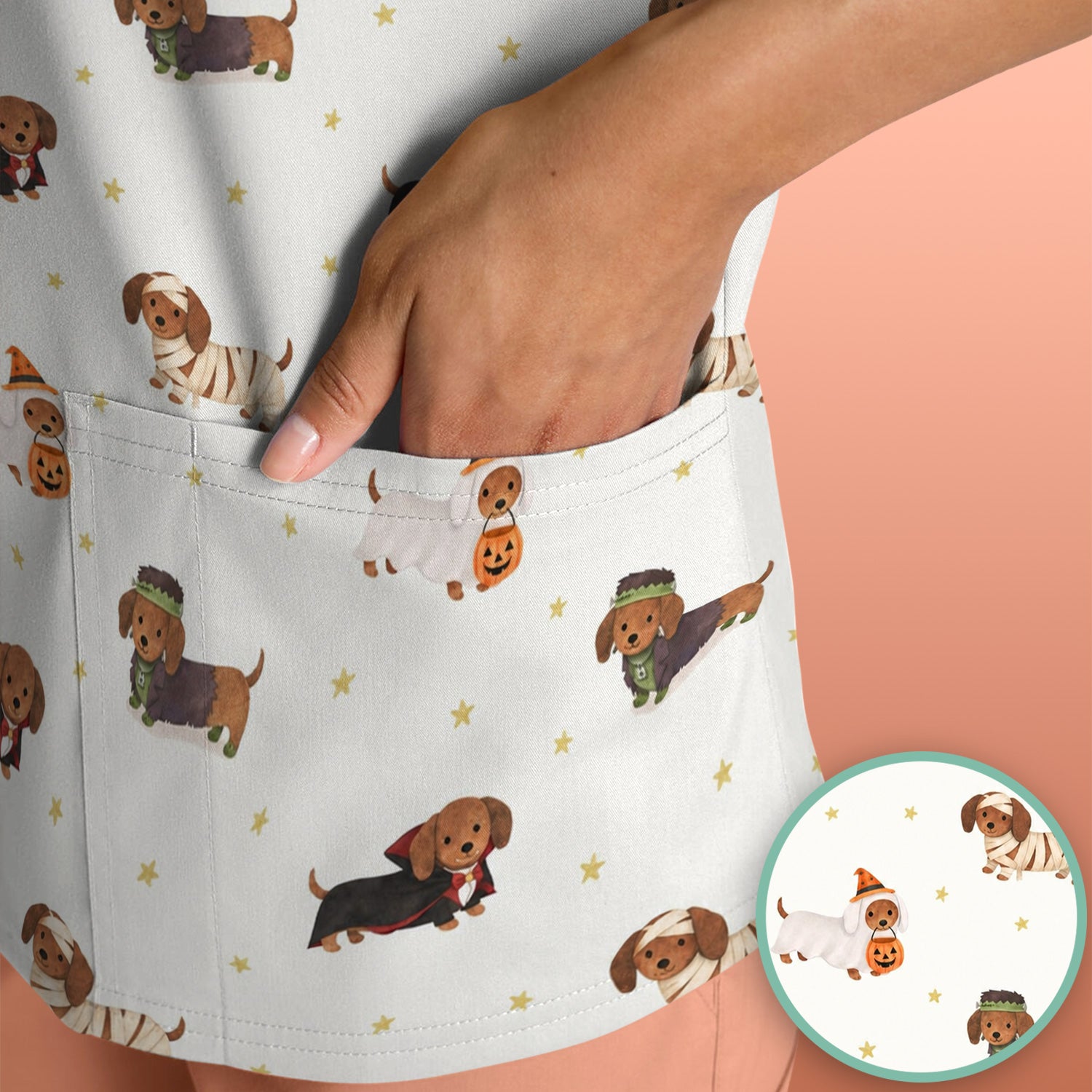 Halloween Mummy Dachshund Scrub Top, Comfortable Scrubs for Nurses
