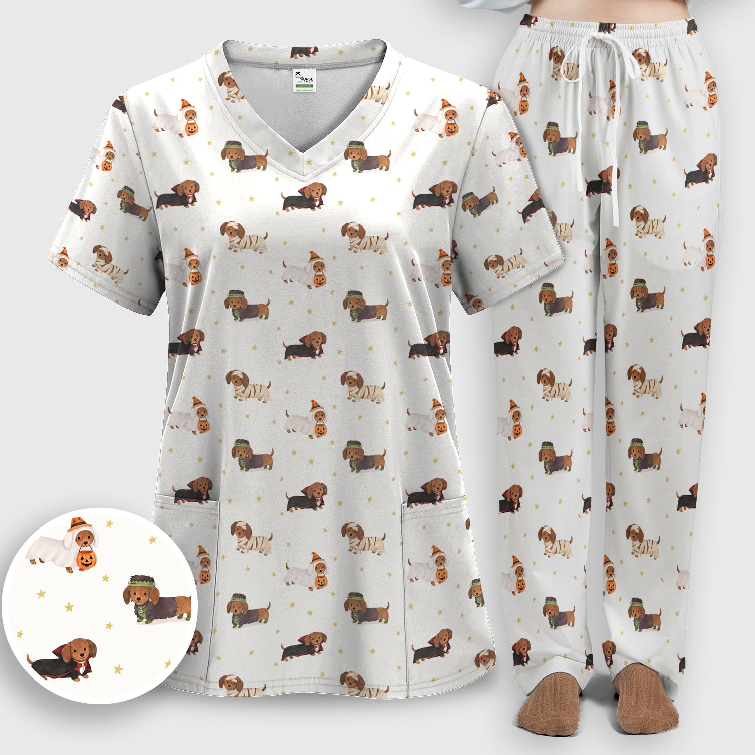 Halloween Mummy Dachshund Scrub Set, Scrub Pants and V Neck Top
