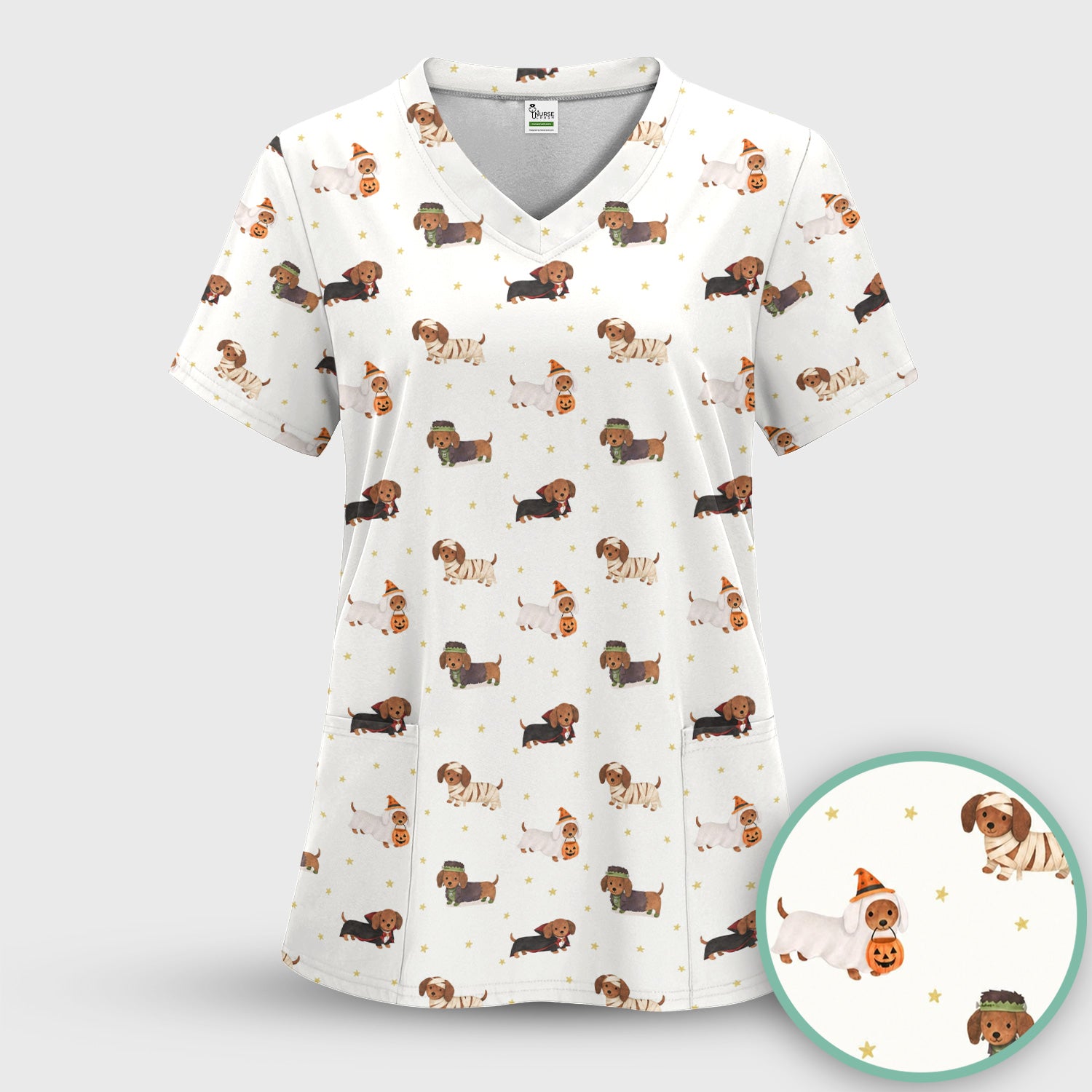 Halloween Mummy Dachshund Scrub Top, Comfortable Scrubs for Nurses