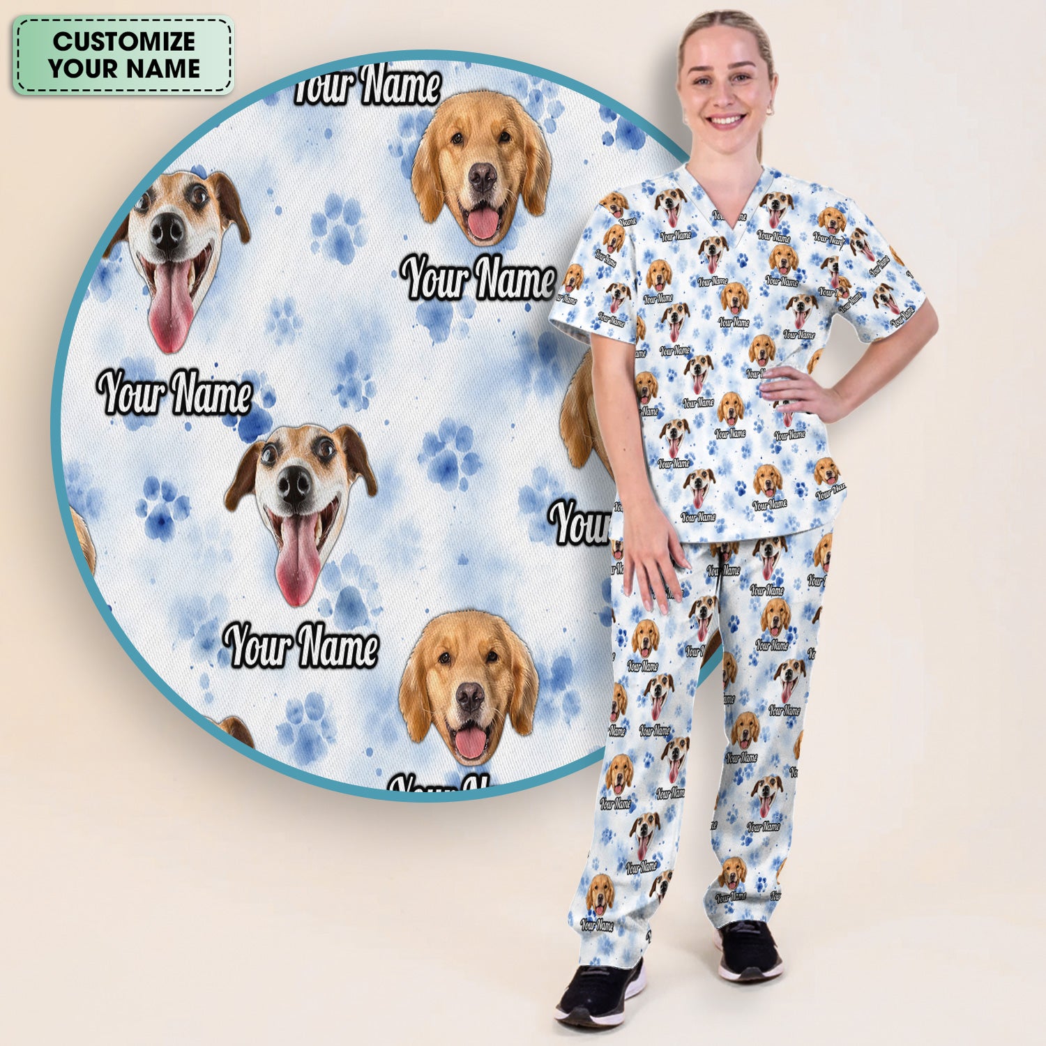 Custom Dog Face with Paw Print Scrub Set, Scrub Pants and V Neck Top