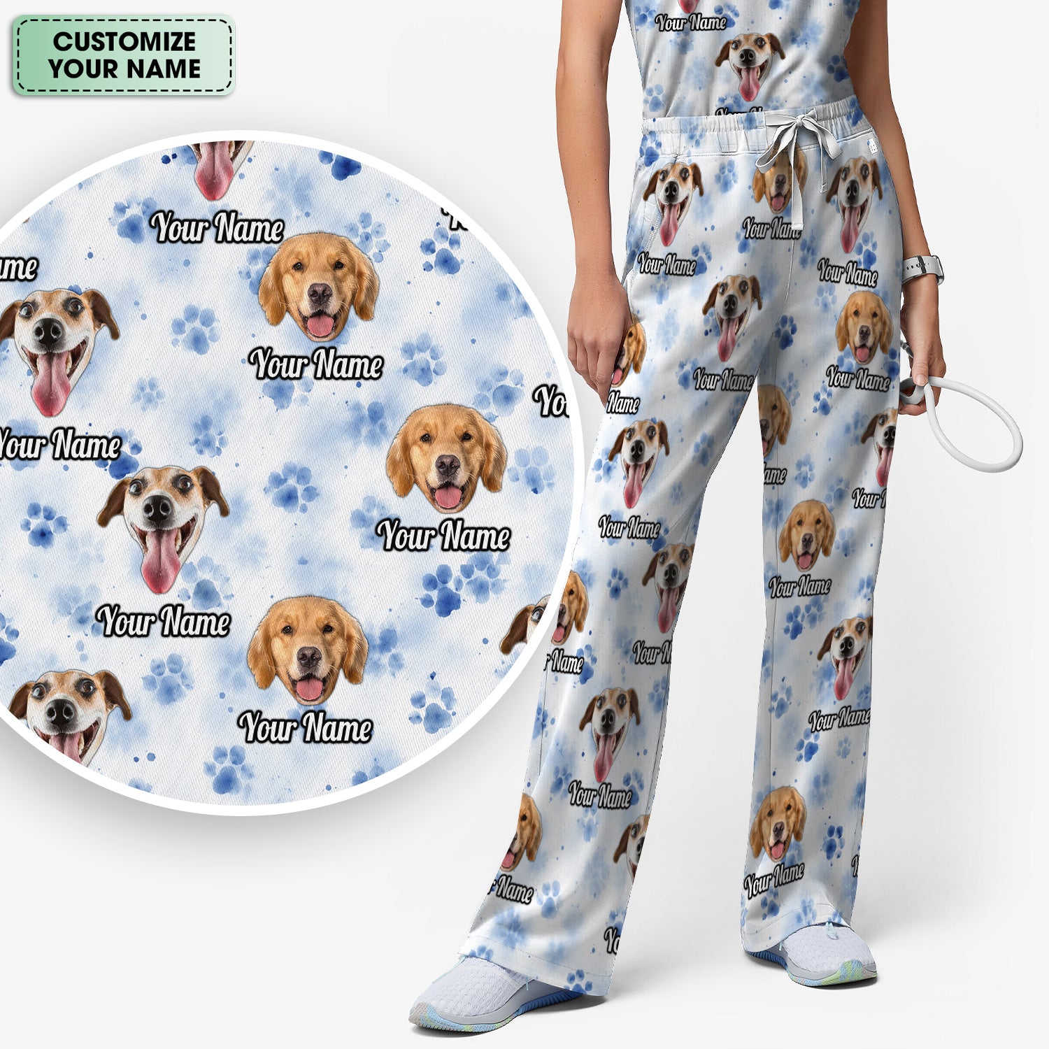 Custom Dog Face with Paw Print Scrub Set, Scrub Pants and V Neck Top