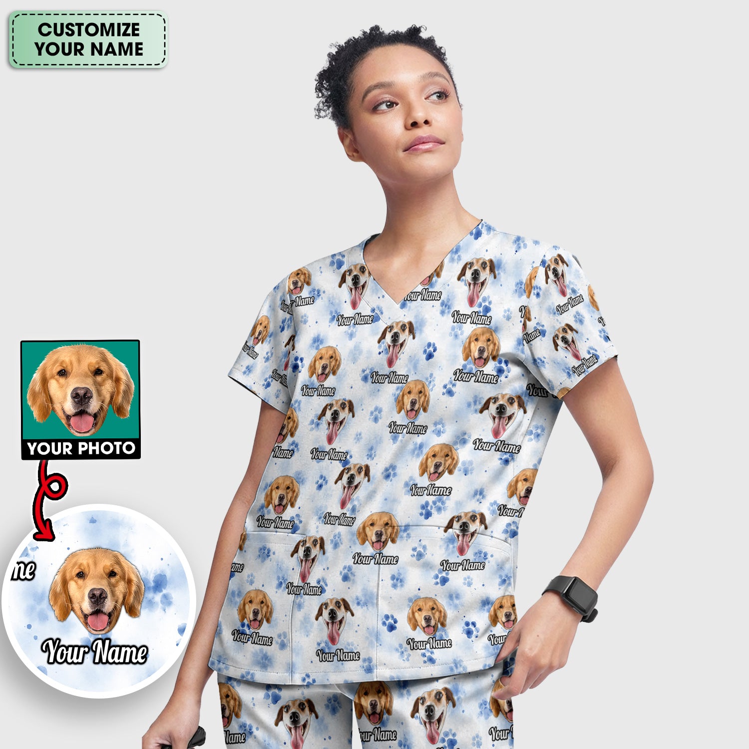 Custom Dog Face with Paw Print Scrub Set, Scrub Pants and V Neck Top
