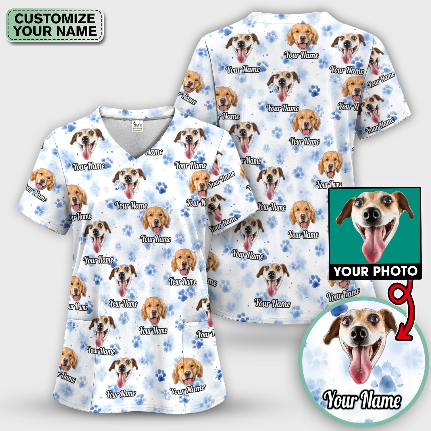 Custom Dog Face with Paw Print Scrub Top, Comfortable Scrubs for Nurses