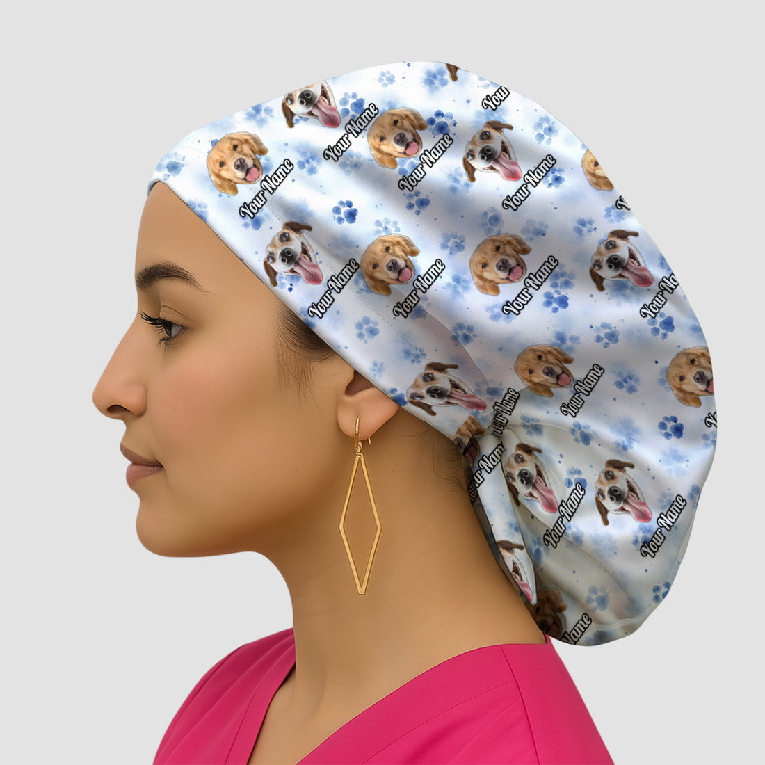 Custom Dog Face with Paw Print Scrub Cap, Surgical Caps for Doctors