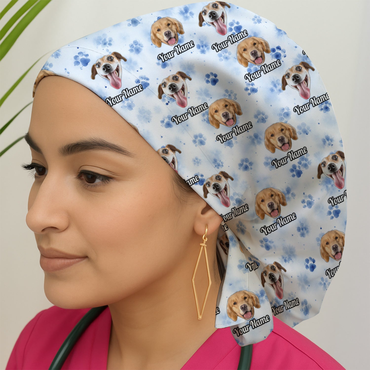 Custom Dog Face with Paw Print Scrub Cap, Surgical Caps for Doctors