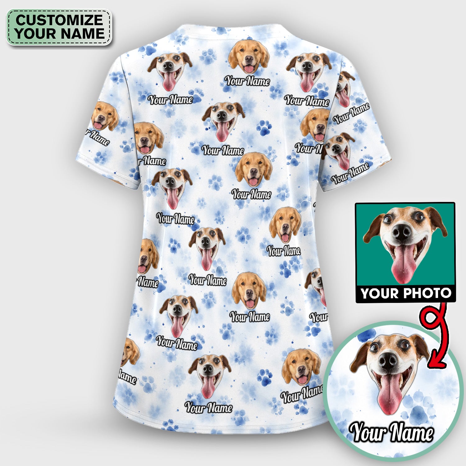 Custom Dog Face with Paw Print Scrub Top, Comfortable Scrubs for Nurses