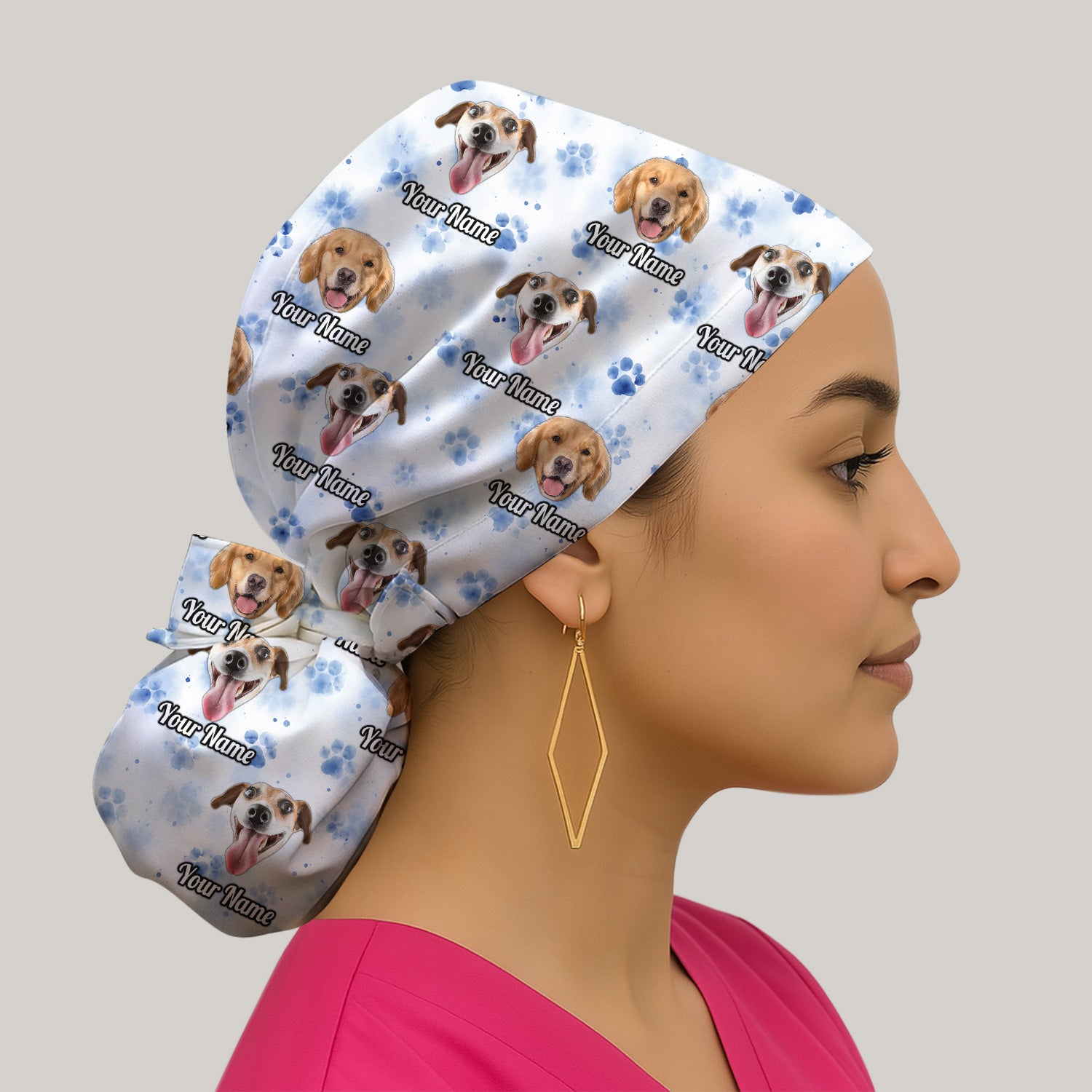 Custom Dog Face with Paw Print Scrub Cap, Surgical Caps for Doctors