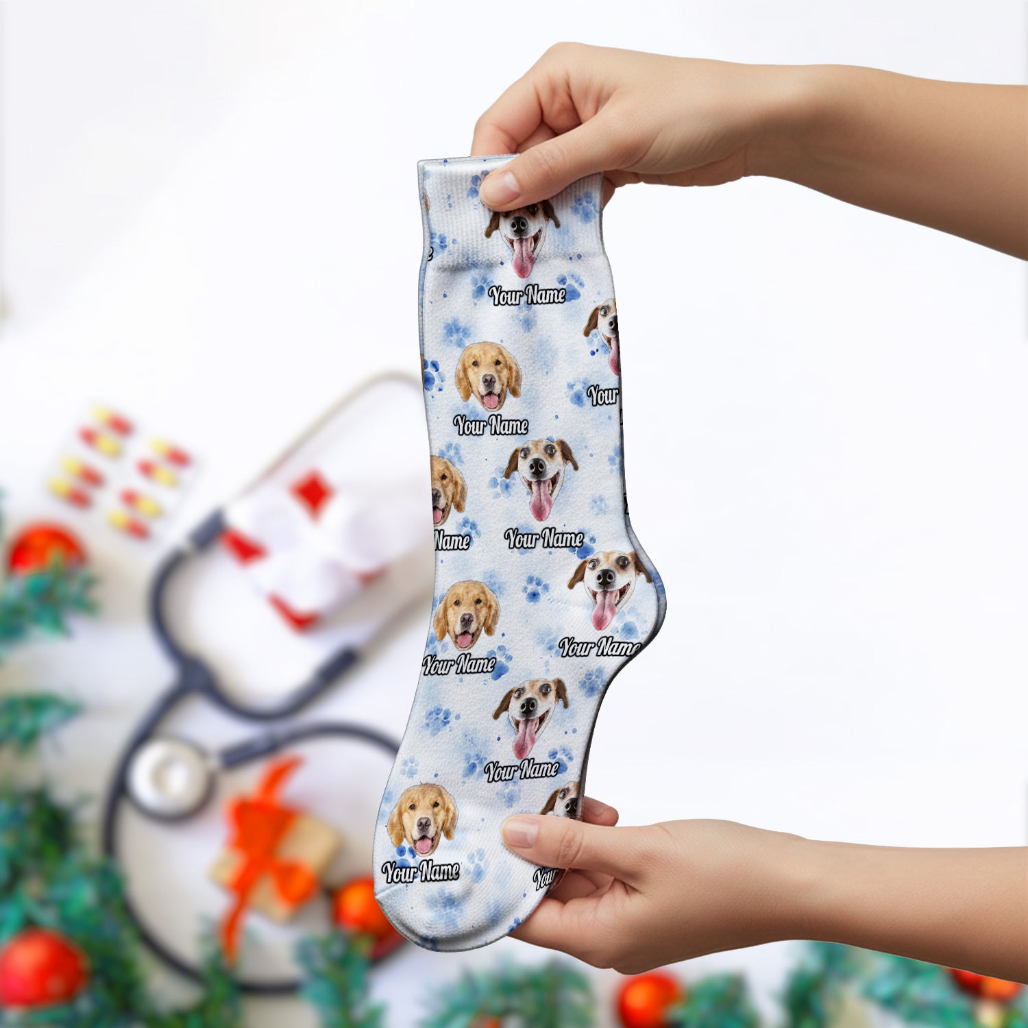 Custom Dog Face with Paw Print Socks, Adult Socks for Men and Women