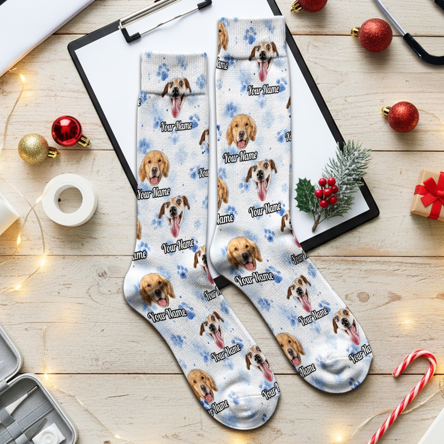 Custom Dog Face with Paw Print Socks, Adult Socks for Men and Women