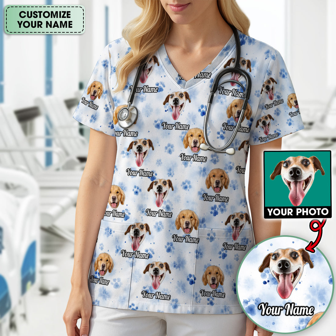 Custom Dog Face with Paw Print Scrub Top, Comfortable Scrubs for Nurses