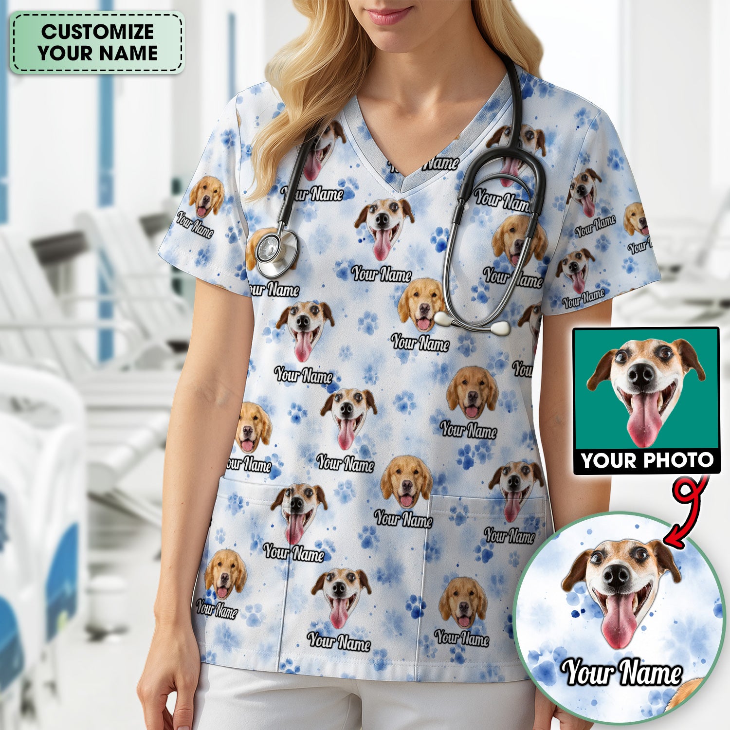 Custom Dog Face with Paw Print Scrub Top, Comfortable Scrubs for Nurses