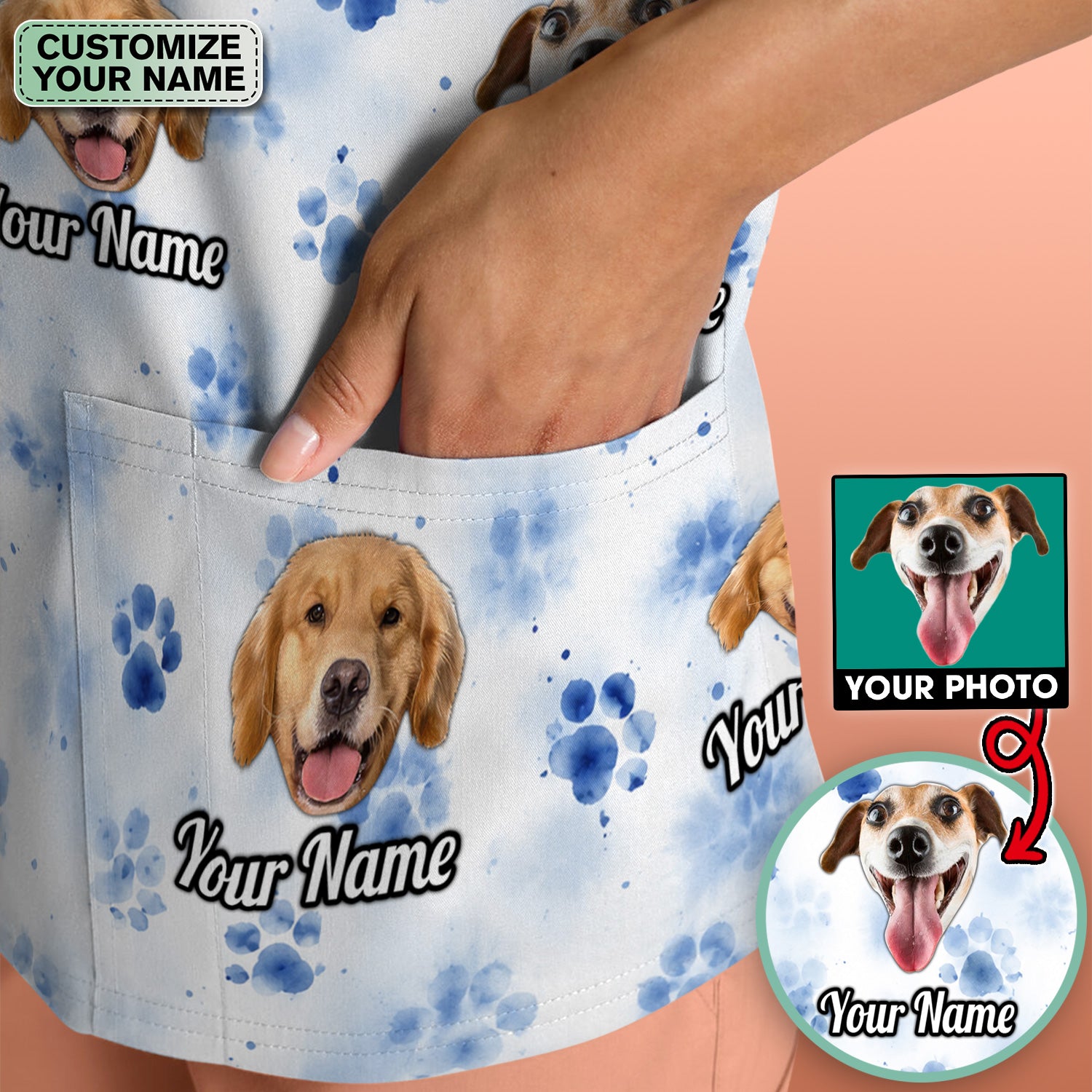 Custom Dog Face with Paw Print Scrub Top, Comfortable Scrubs for Nurses