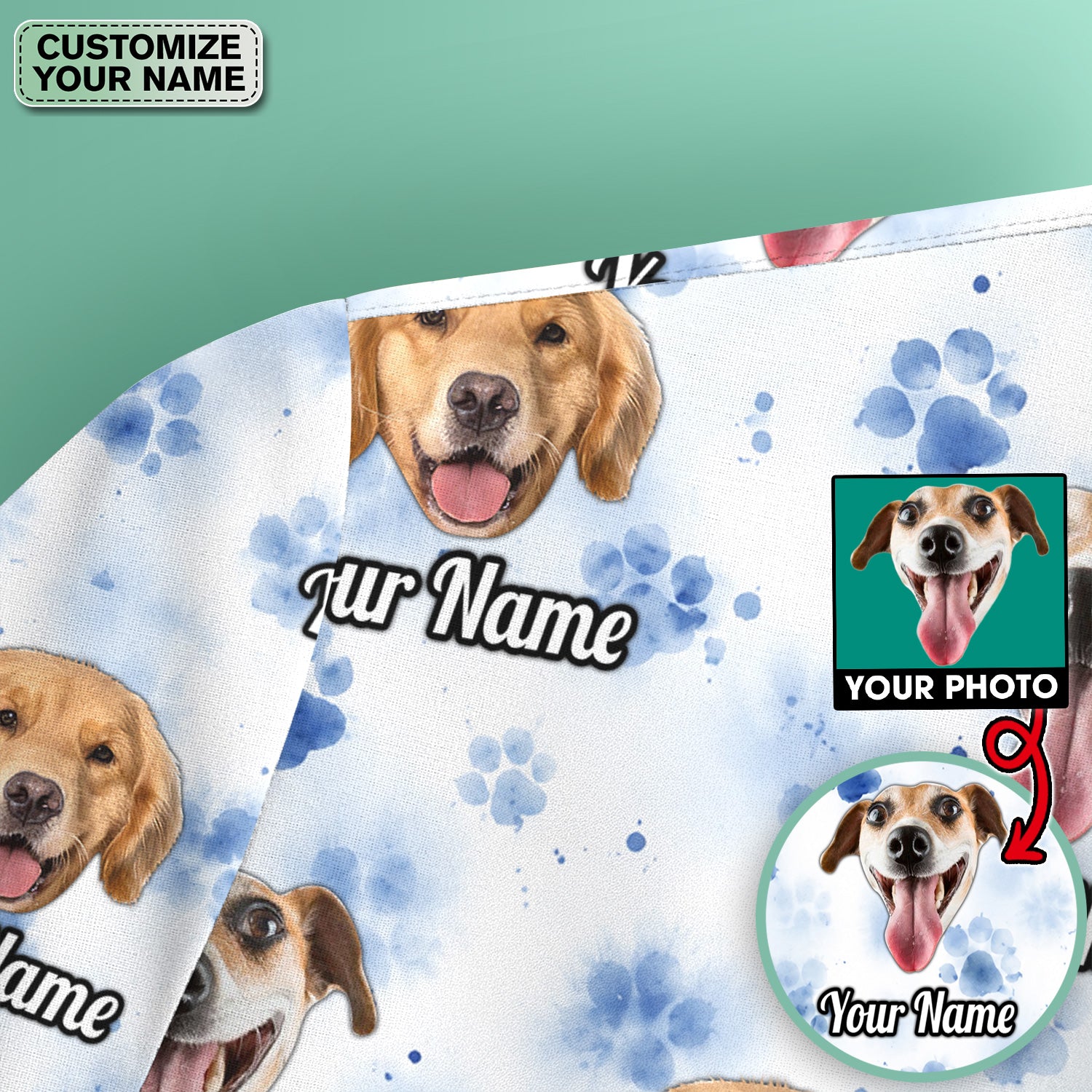 Custom Dog Face with Paw Print Scrub Top, Comfortable Scrubs for Nurses