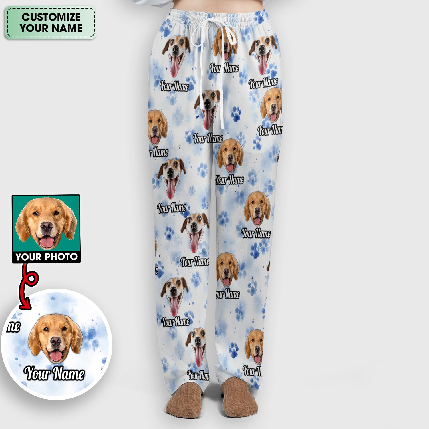 Custom Dog Face with Paw Print Scrub Set, Scrub Pants and V Neck Top