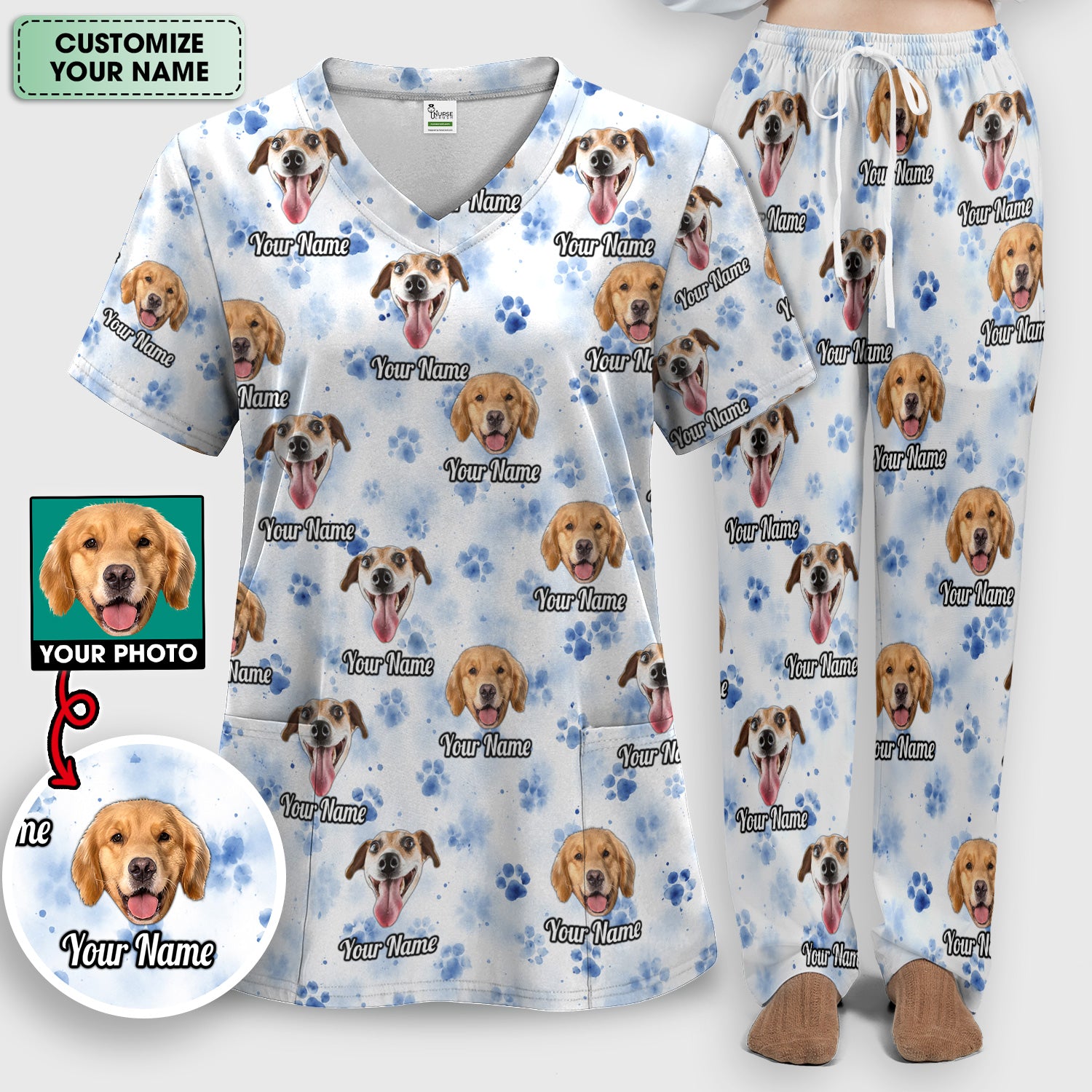Custom Dog Face with Paw Print Scrub Set, Scrub Pants and V Neck Top