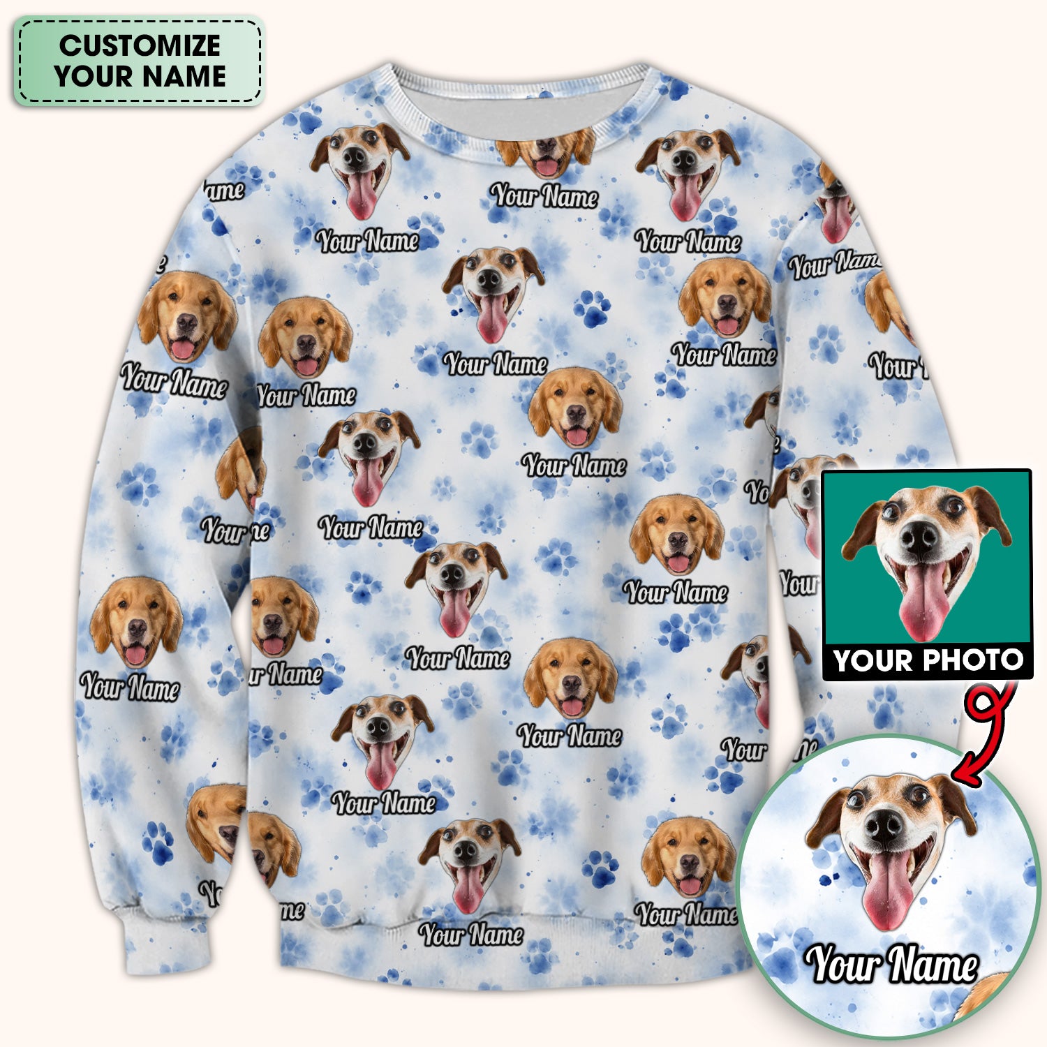 Custom Dog Face with Paw Print Scrub Top, Comfortable Scrubs for Nurses