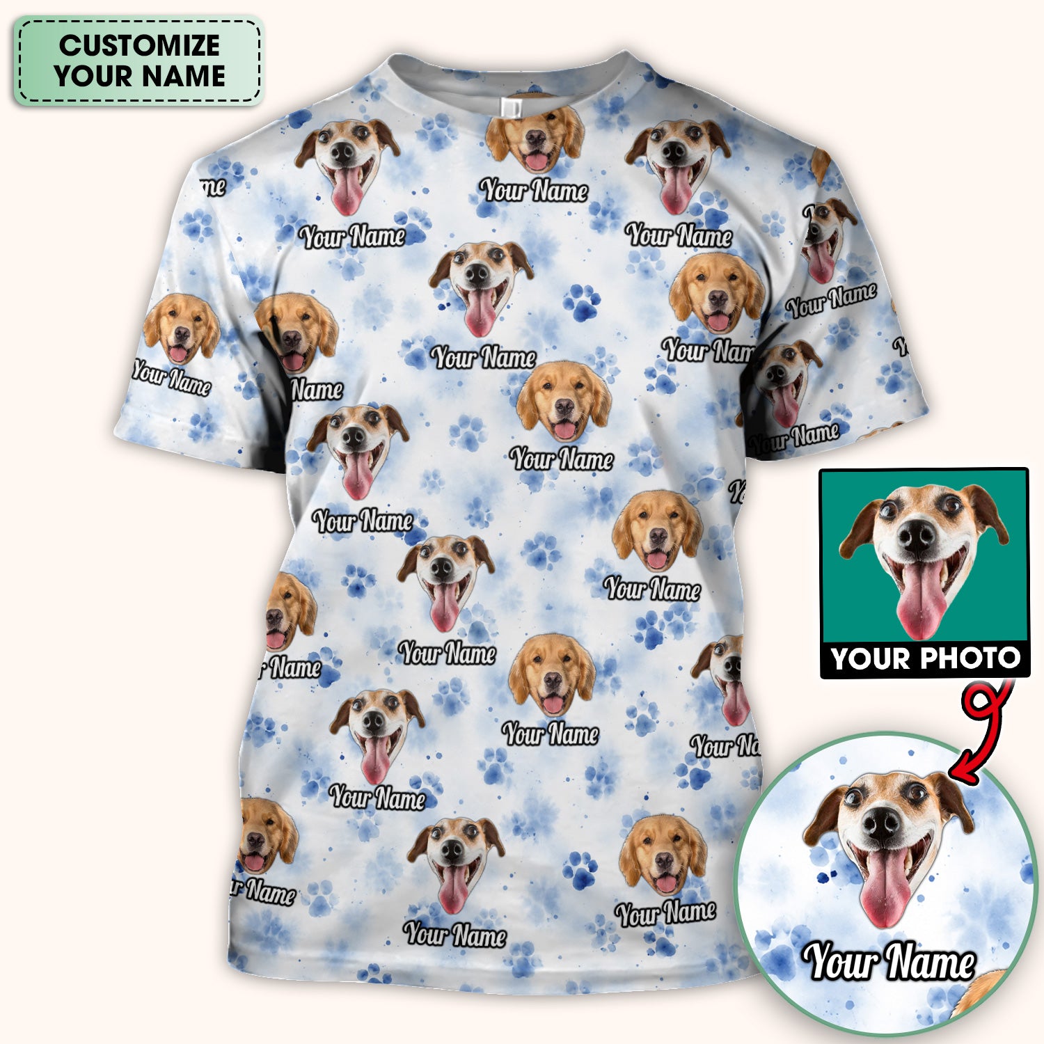 Custom Dog Face with Paw Print Scrub Top, Comfortable Scrubs for Nurses