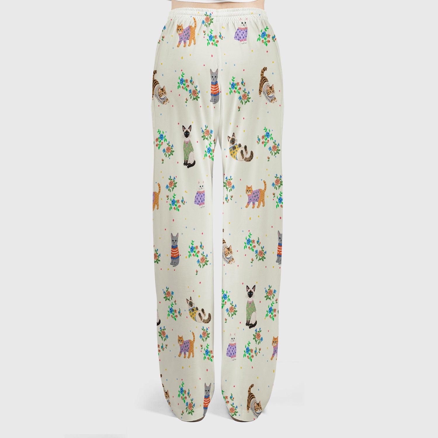 Cute Watercolor Cat Pattern Scrub Set, Scrub Pants and V Neck Top