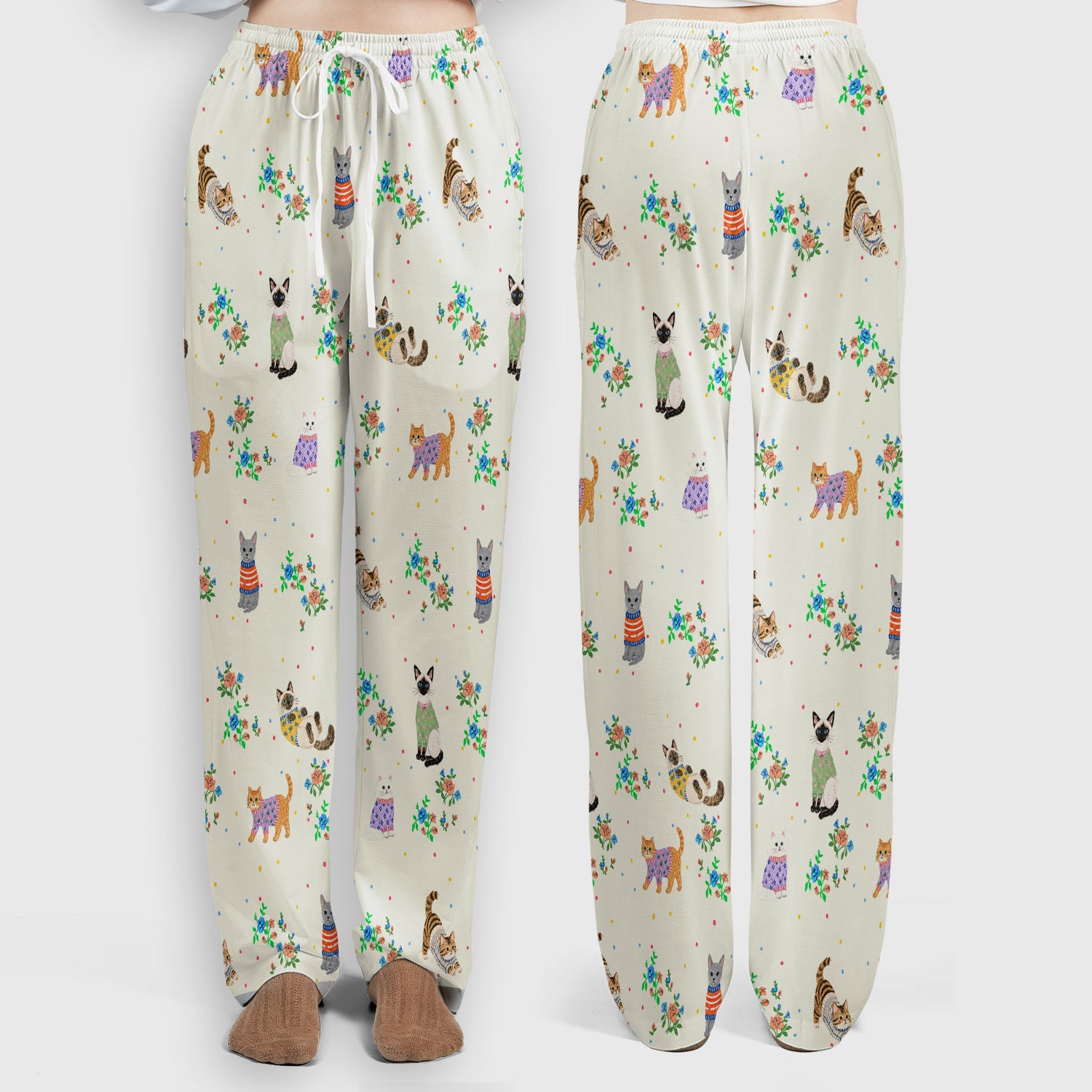 Cute Watercolor Cat Pattern Scrub Set, Scrub Pants and V Neck Top