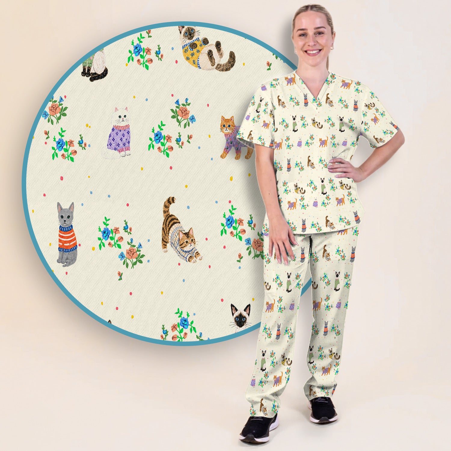 Cute Watercolor Cat Pattern Scrub Set, Scrub Pants and V Neck Top