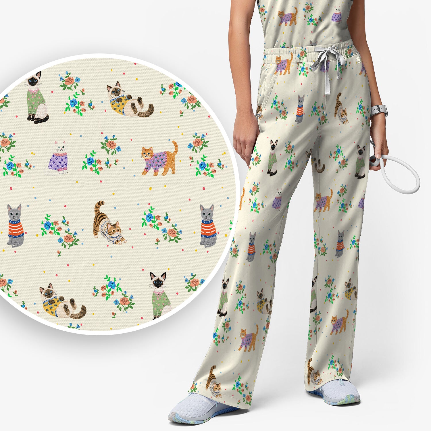 Cute Watercolor Cat Pattern Scrub Set, Scrub Pants and V Neck Top