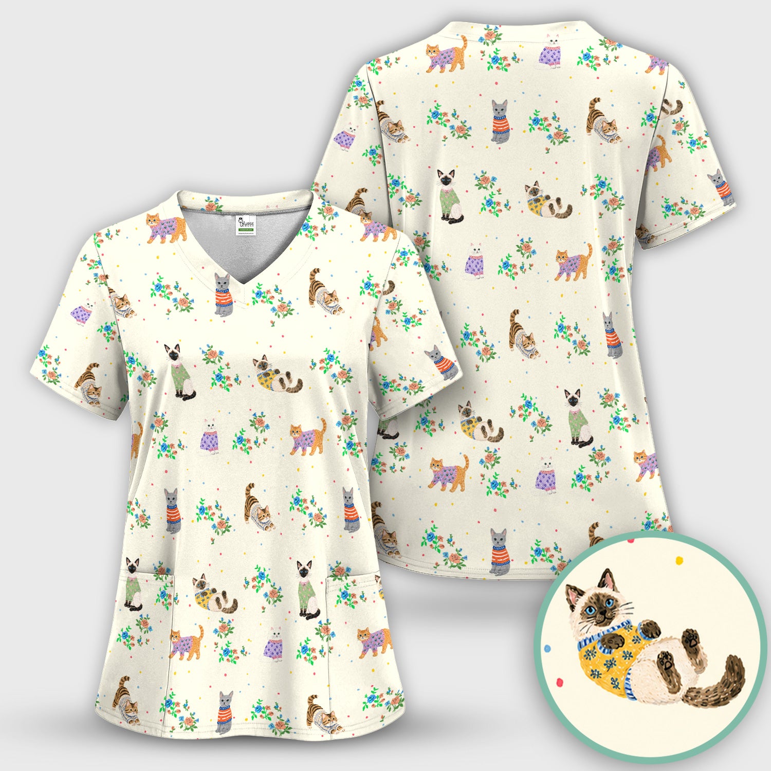 Cute Watercolor Cat Pattern Scrub Set, Scrub Pants and V Neck Top