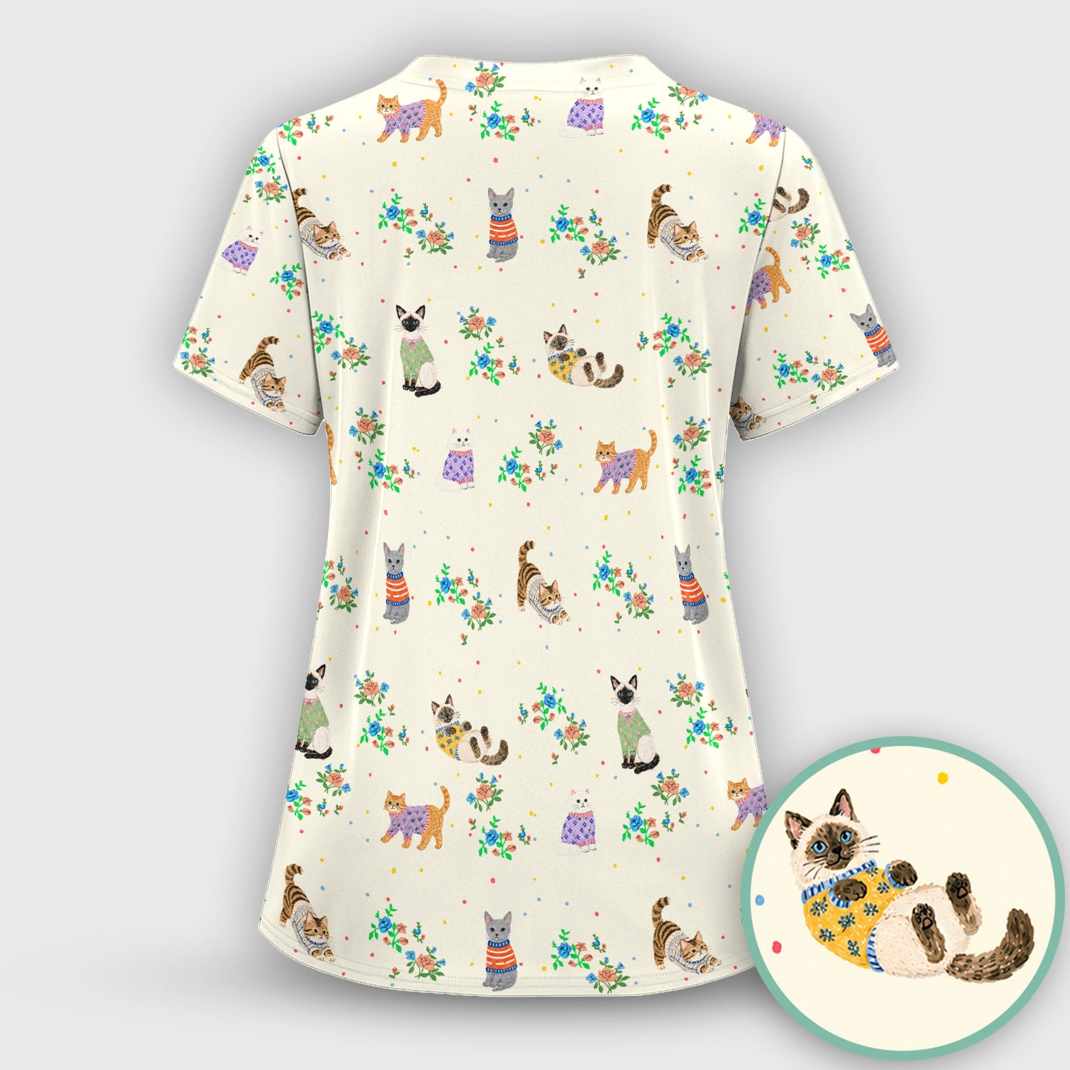 Cute Watercolor Cat Pattern Scrub Set, Scrub Pants and V Neck Top