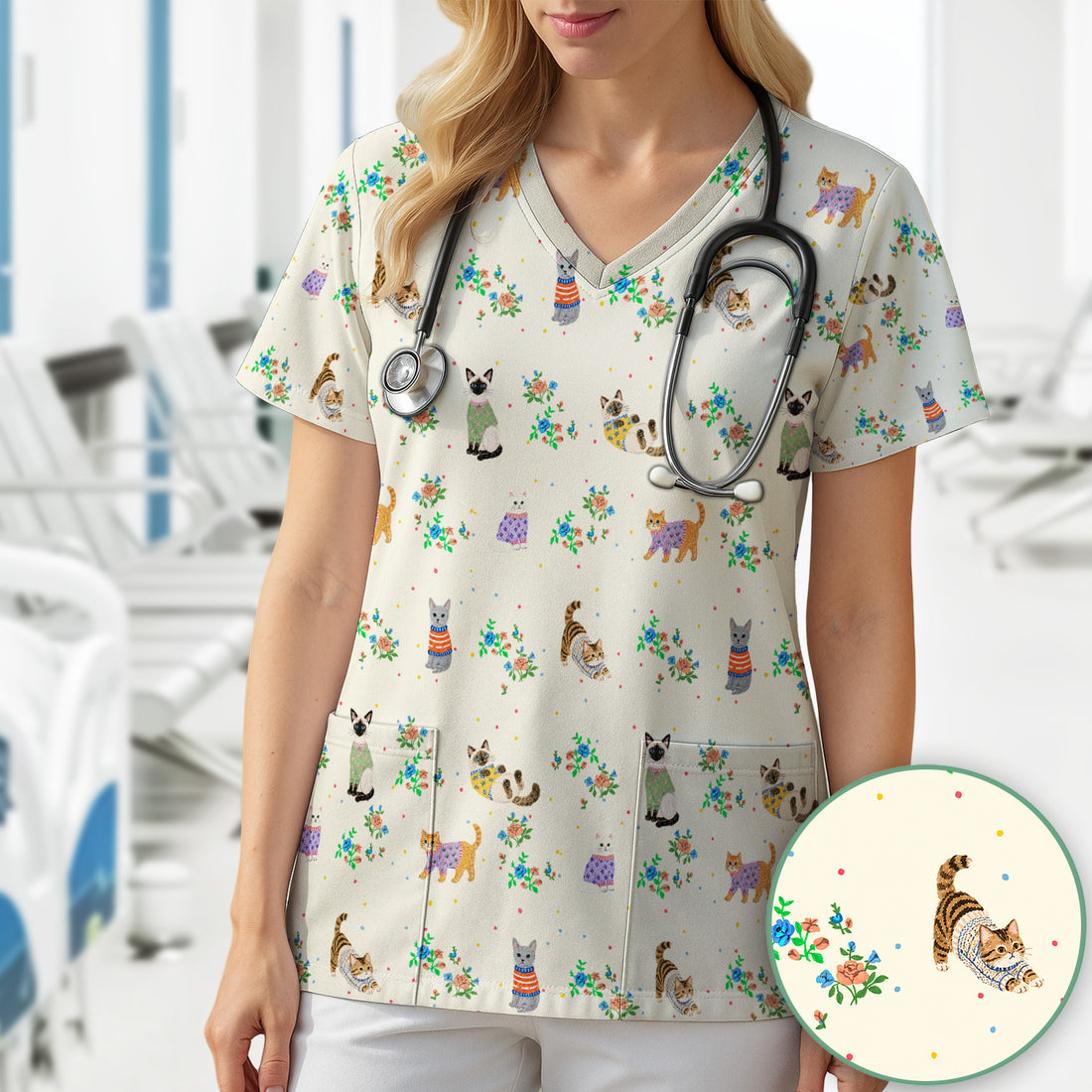Cute Watercolor Cat Pattern Scrub Top, Comfortable Scrubs for Nurses