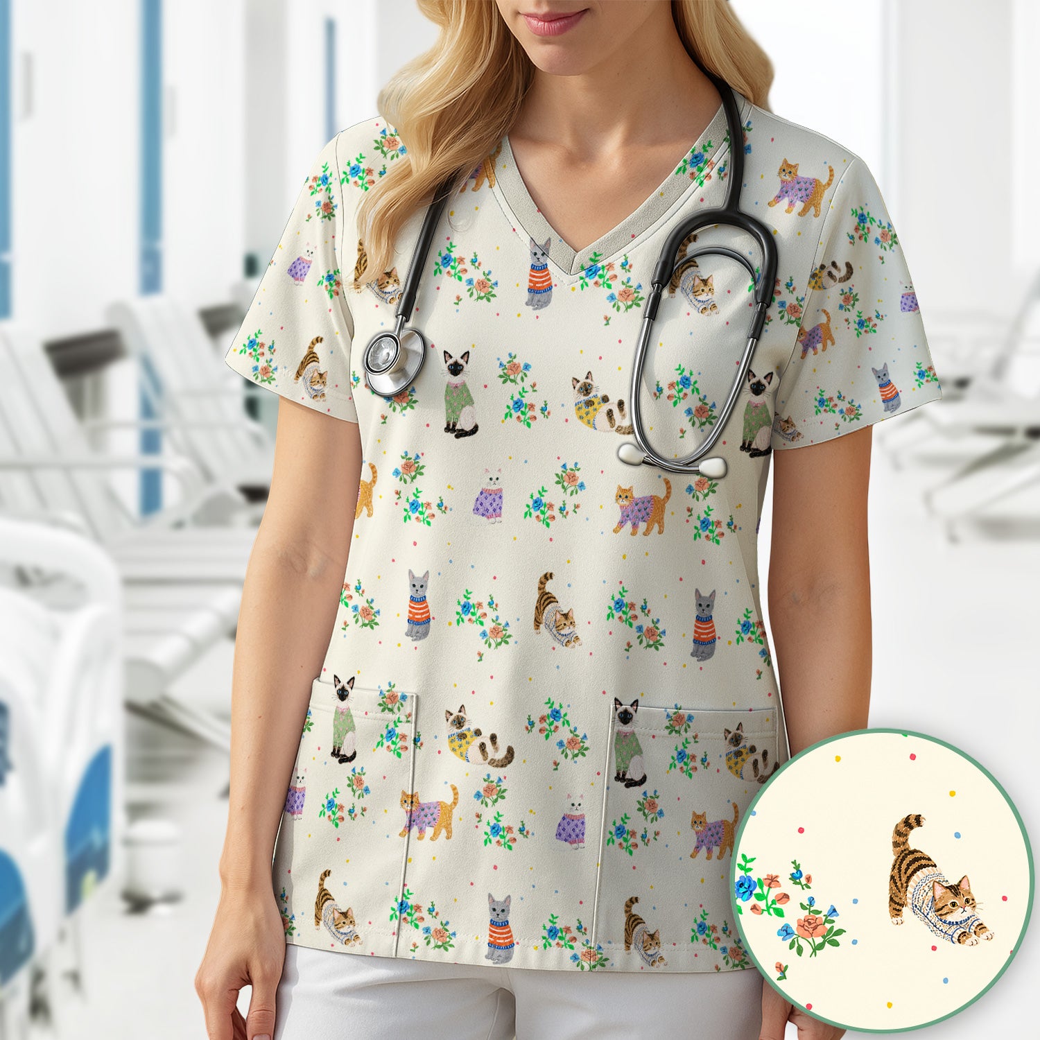 Cute Watercolor Cat Pattern Scrub Top, Comfortable Scrubs for Nurses