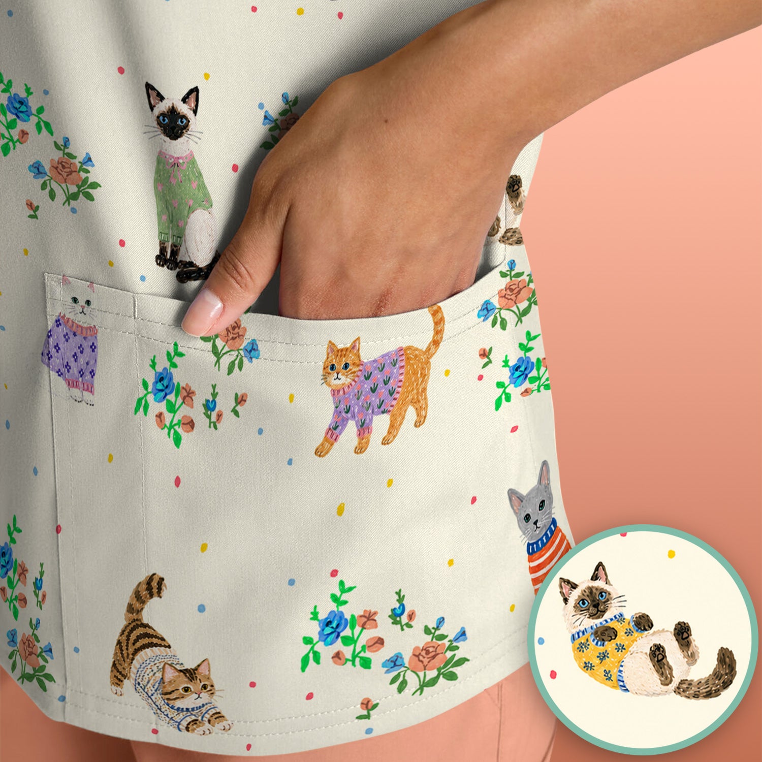 Cute Watercolor Cat Pattern Scrub Top, Comfortable Scrubs for Nurses