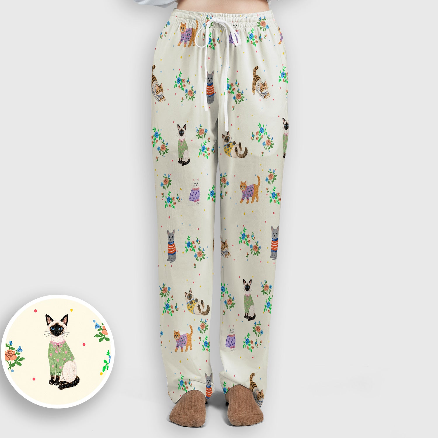 Cute Watercolor Cat Pattern Scrub Set, Scrub Pants and V Neck Top