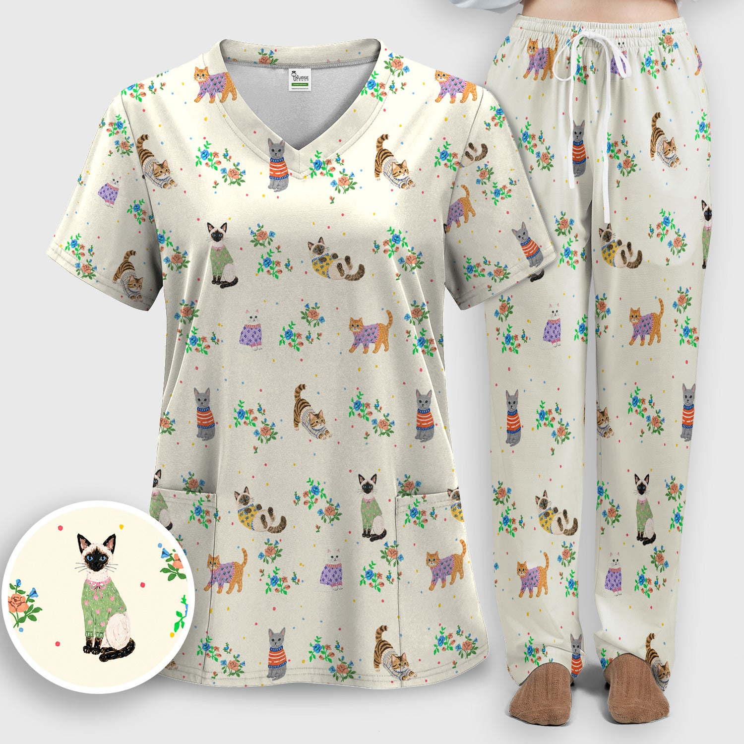 Cute Watercolor Cat Pattern Scrub Set, Scrub Pants and V Neck Top