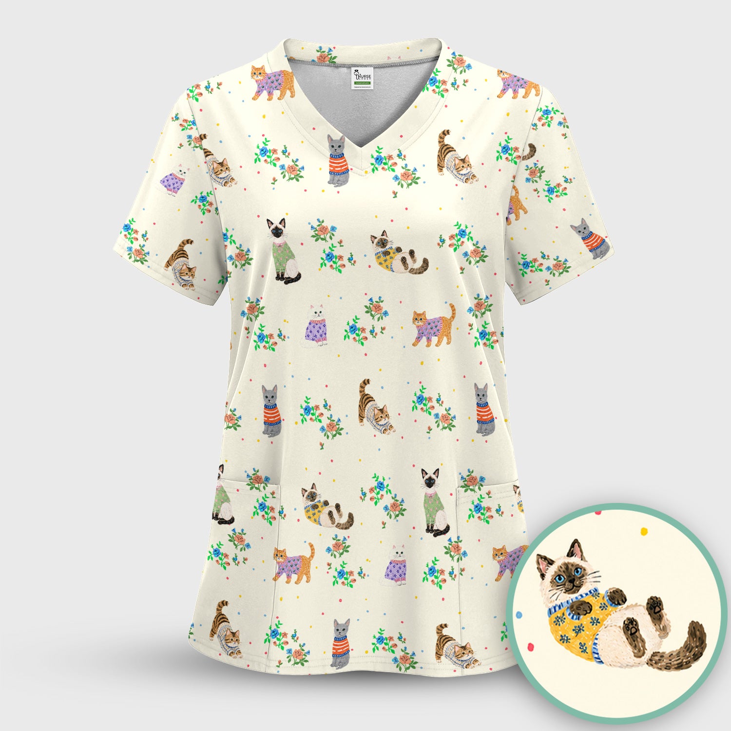 Cute Watercolor Cat Pattern Scrub Set, Scrub Pants and V Neck Top