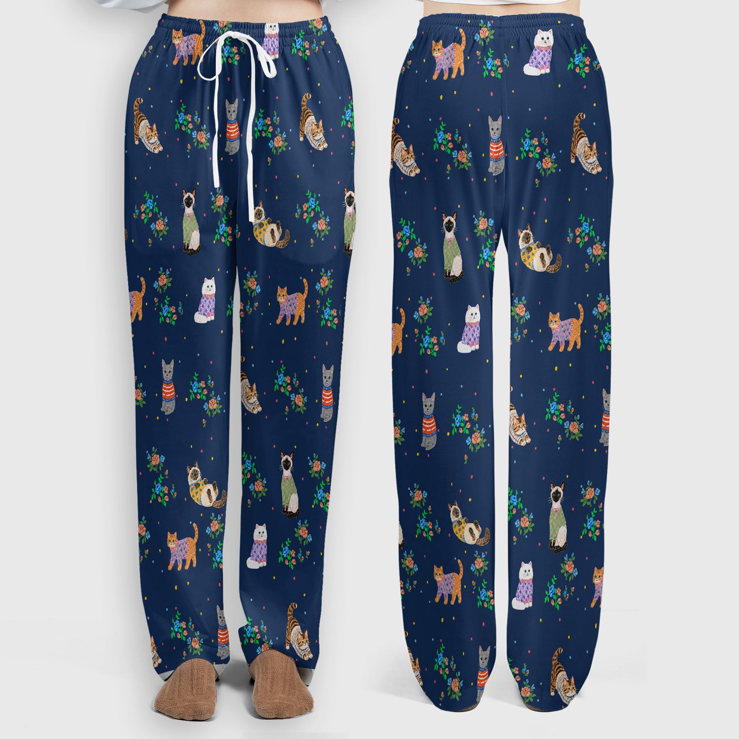 Cute Watercolor Cat Pattern Scrub Set, Scrub Pants and V Neck Top