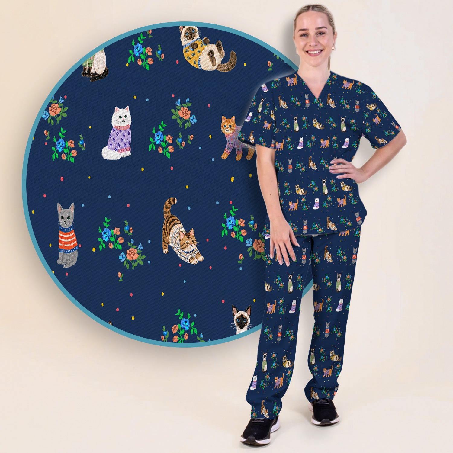 Cute Watercolor Cat Pattern Scrub Set, Scrub Pants and V Neck Top