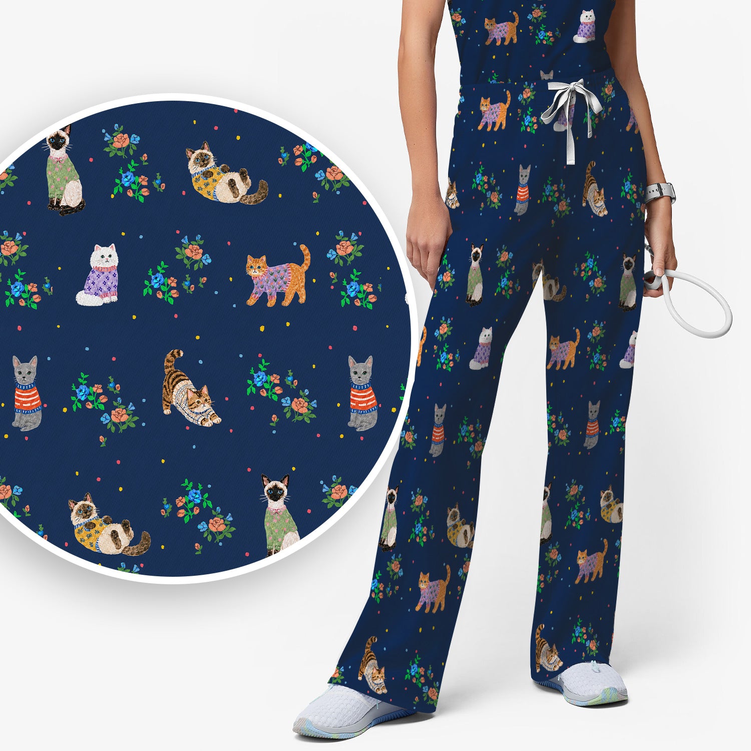 Cute Watercolor Cat Pattern Scrub Set, Scrub Pants and V Neck Top