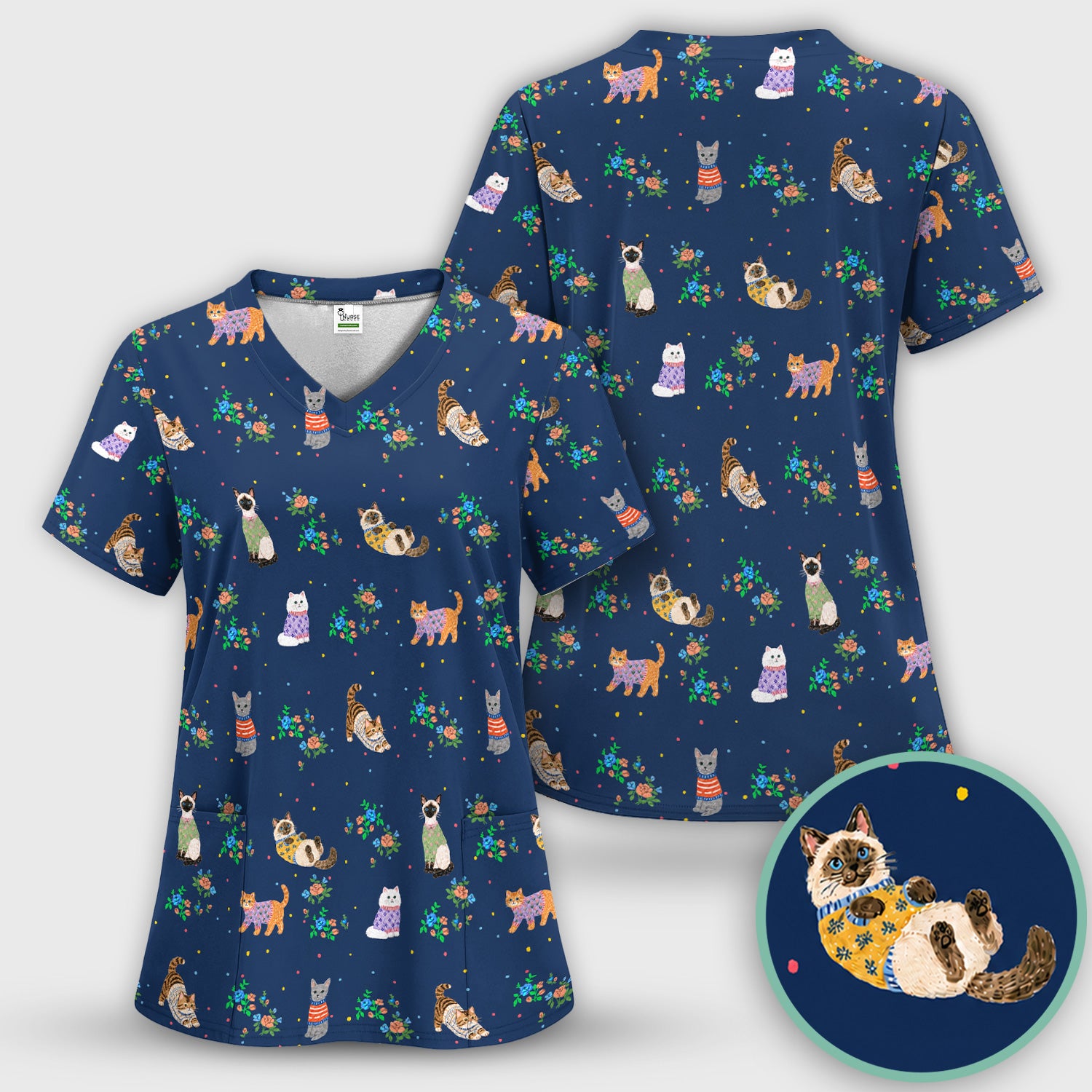 Cute Watercolor Cat Pattern Scrub Set, Scrub Pants and V Neck Top