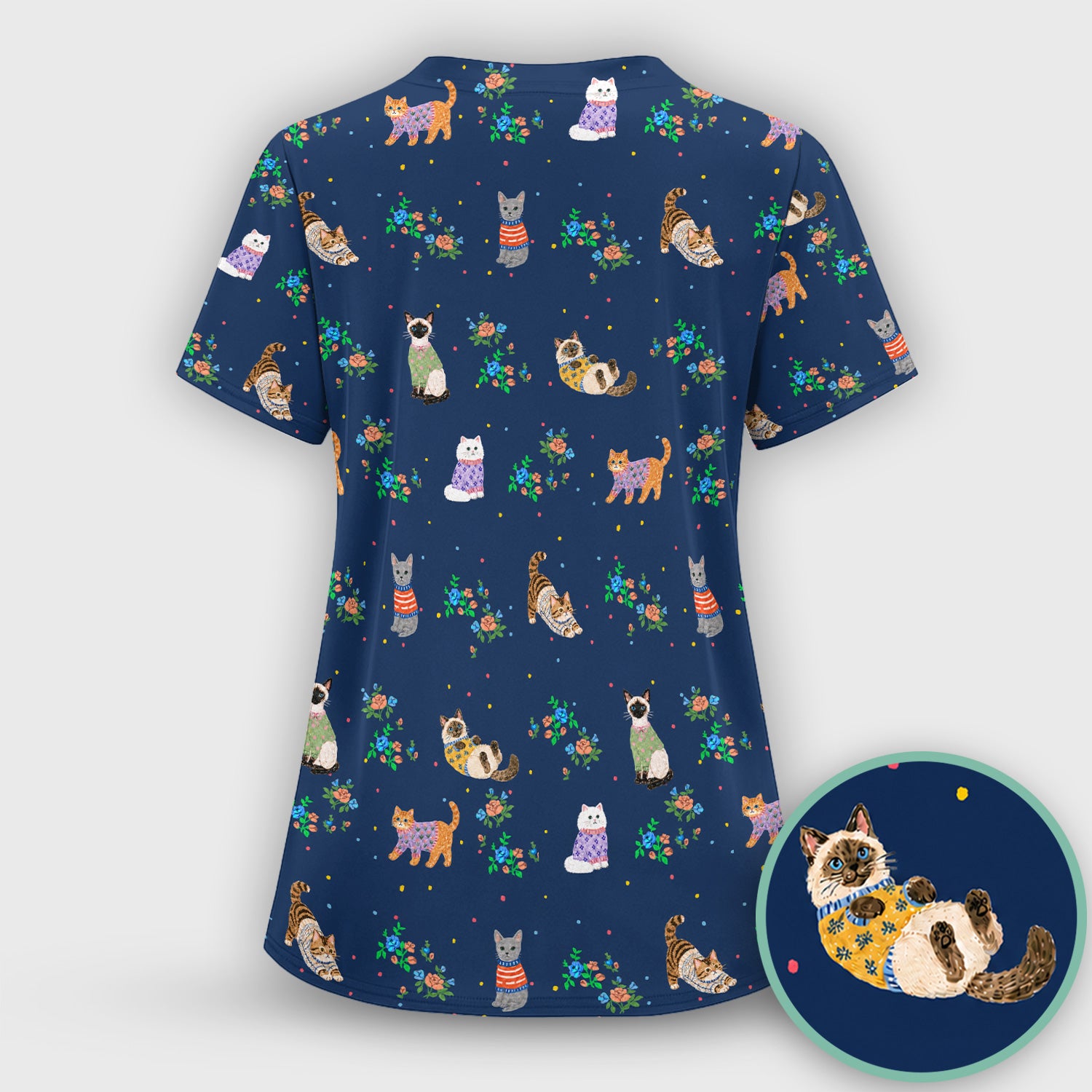 Cute Watercolor Cat Pattern Scrub Set, Scrub Pants and V Neck Top