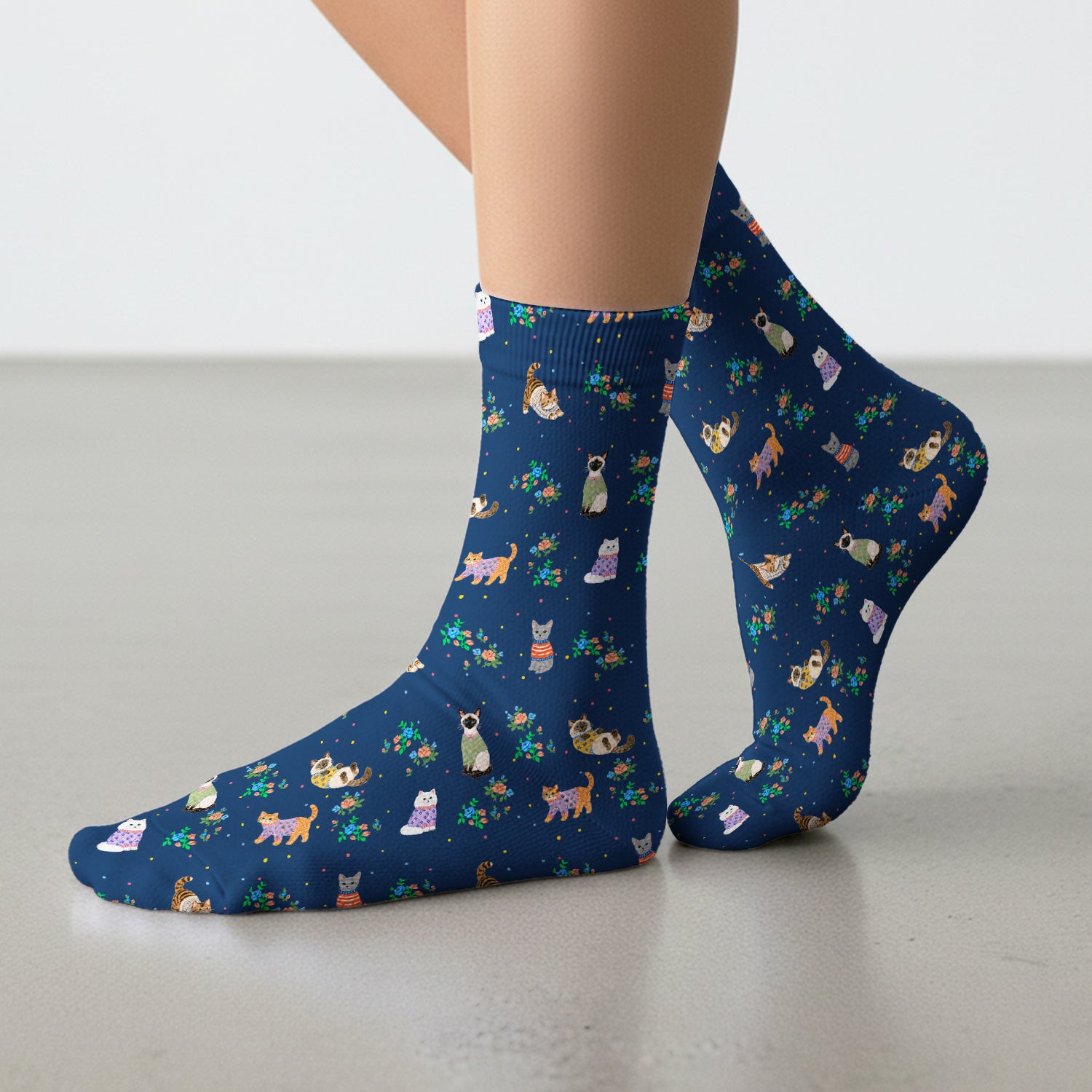 Cute Watercolor Cat Pattern Socks, Adult Socks for Men and Women