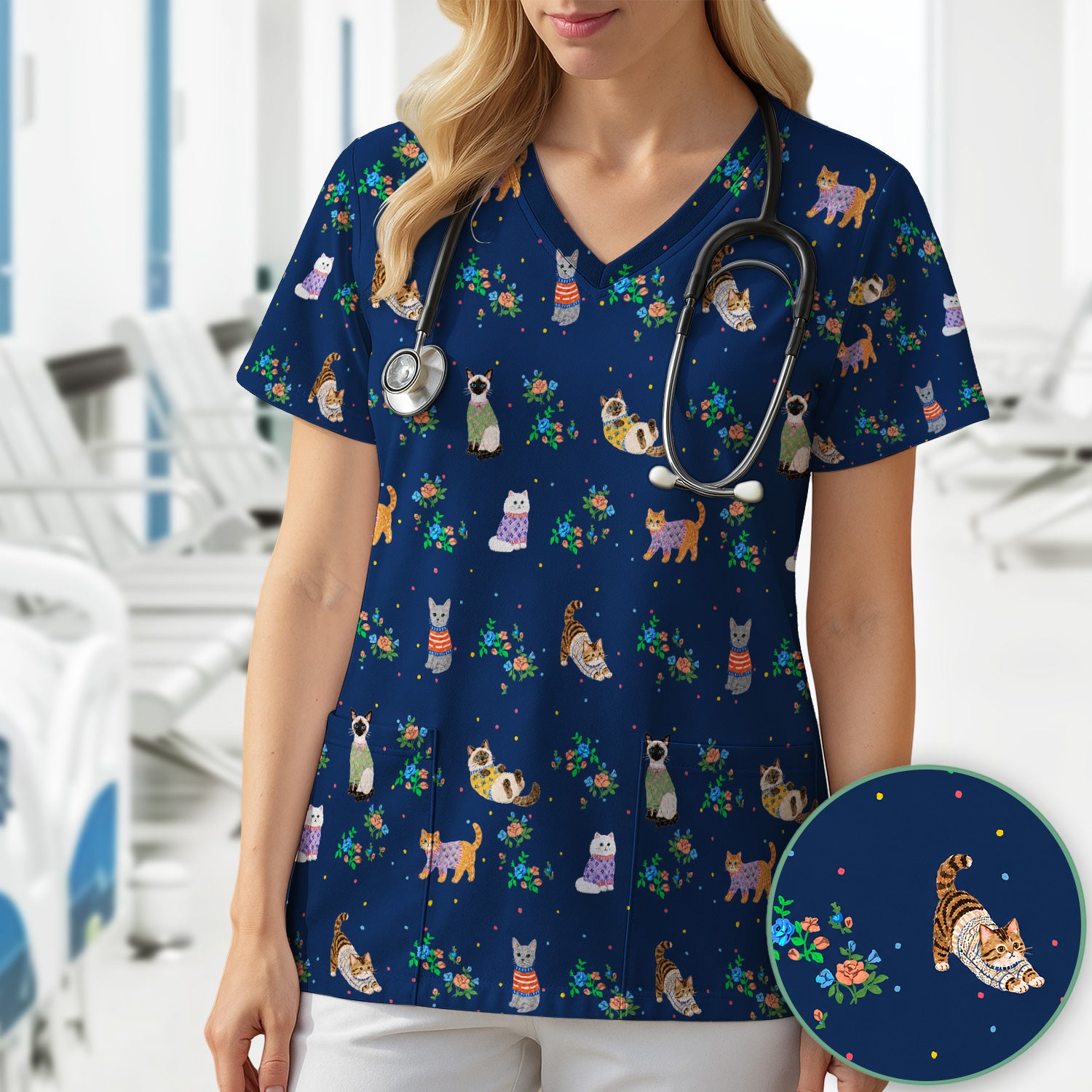 Cute Watercolor Cat Pattern Scrub Top, Comfortable Scrubs for Nurses